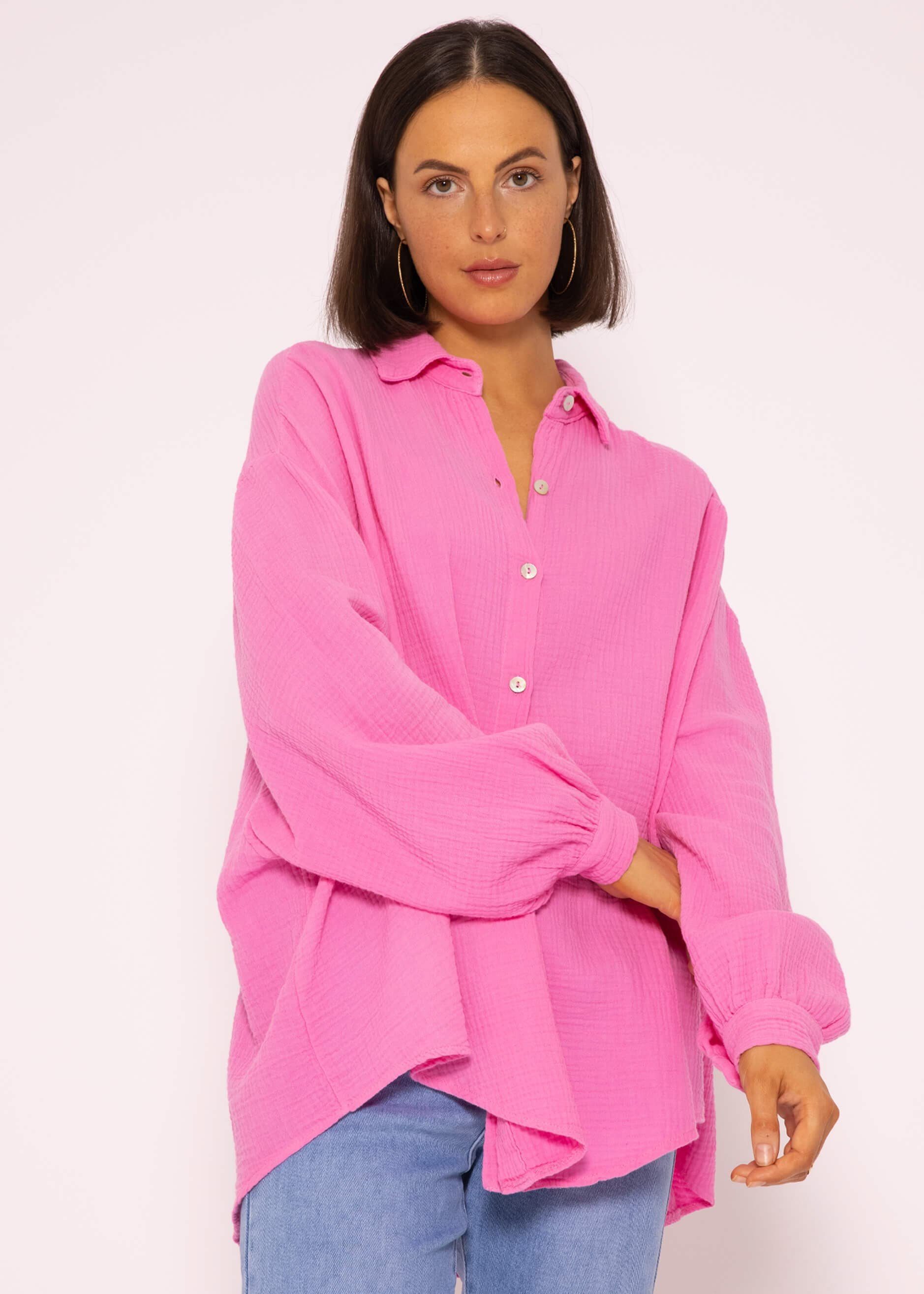Size aus mit (Gr. Bluse Oversize Baumwolle Damen One Pink lang Longbluse Hemdbluse Musselin V-Ausschnitt, SASSYCLASSY Langarm 36-48)