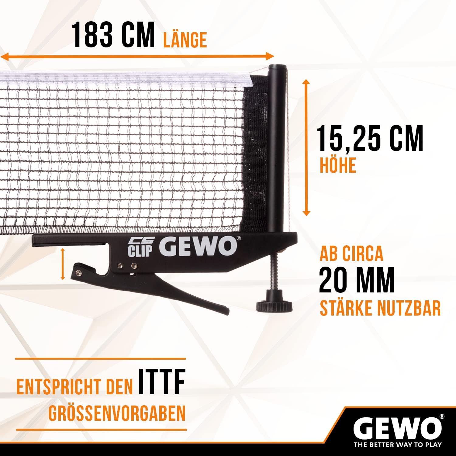 Gewo Tischtennisnetz 183 cm lang, mit Klemmen, CS Clip Netz Tischtennis schwarz