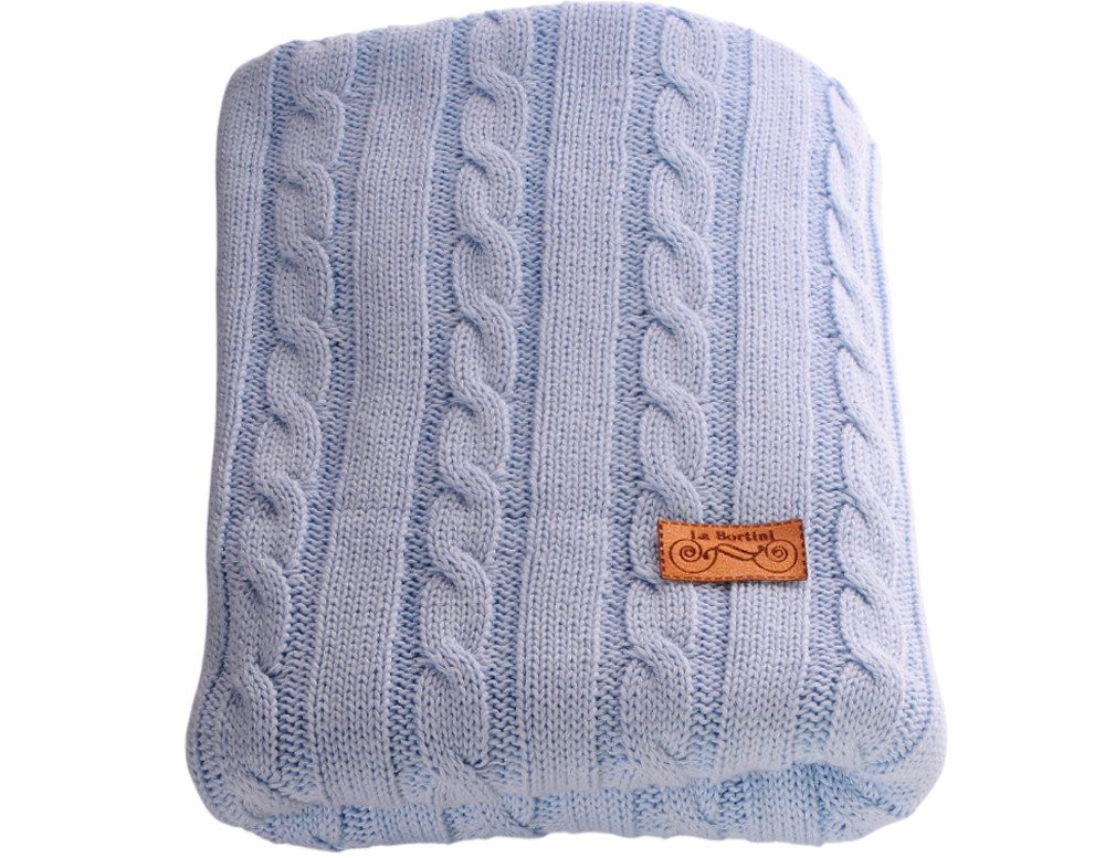 Babydecke Leichte Baby Decke Strickdecke aus Baumwolle in blau weiß creme rosa, La Bortini, leicht, mit Zopfmuster, gestrickte Tagesdecke für Neugeborene