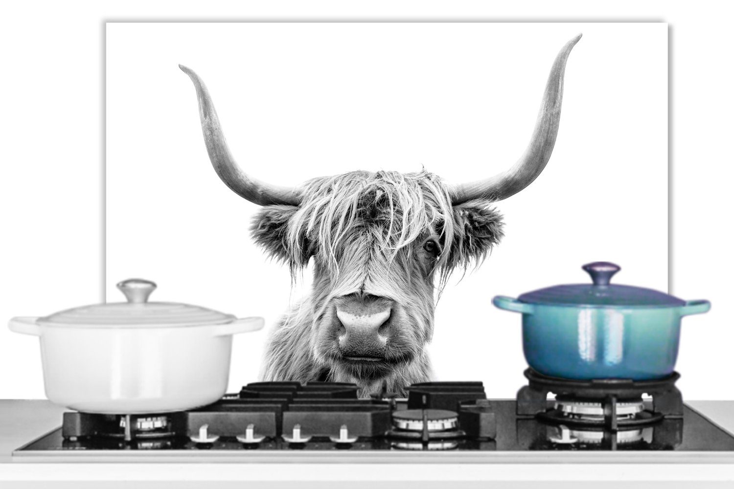 - Schwarz Weiß Highlander - küchen Schottischer Temperaturbeständig - Herdblende 60x40 aus MuchoWow (1-tlg), Küchenrückwand Tiere, Wandschutz, cm,