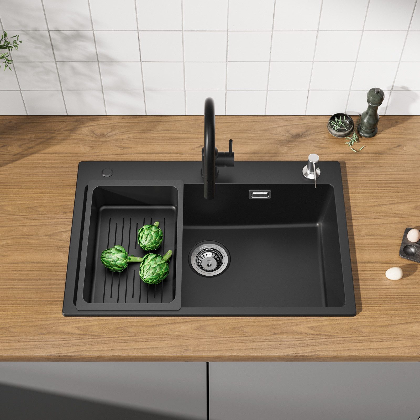 CECIPA Granitspüle Küchenspüle 70*45 Schwarz mit Seifenspender, Aufsatzwaschbecken, 70/45 cm, mit Abflusskorb, Schwarz spüle
