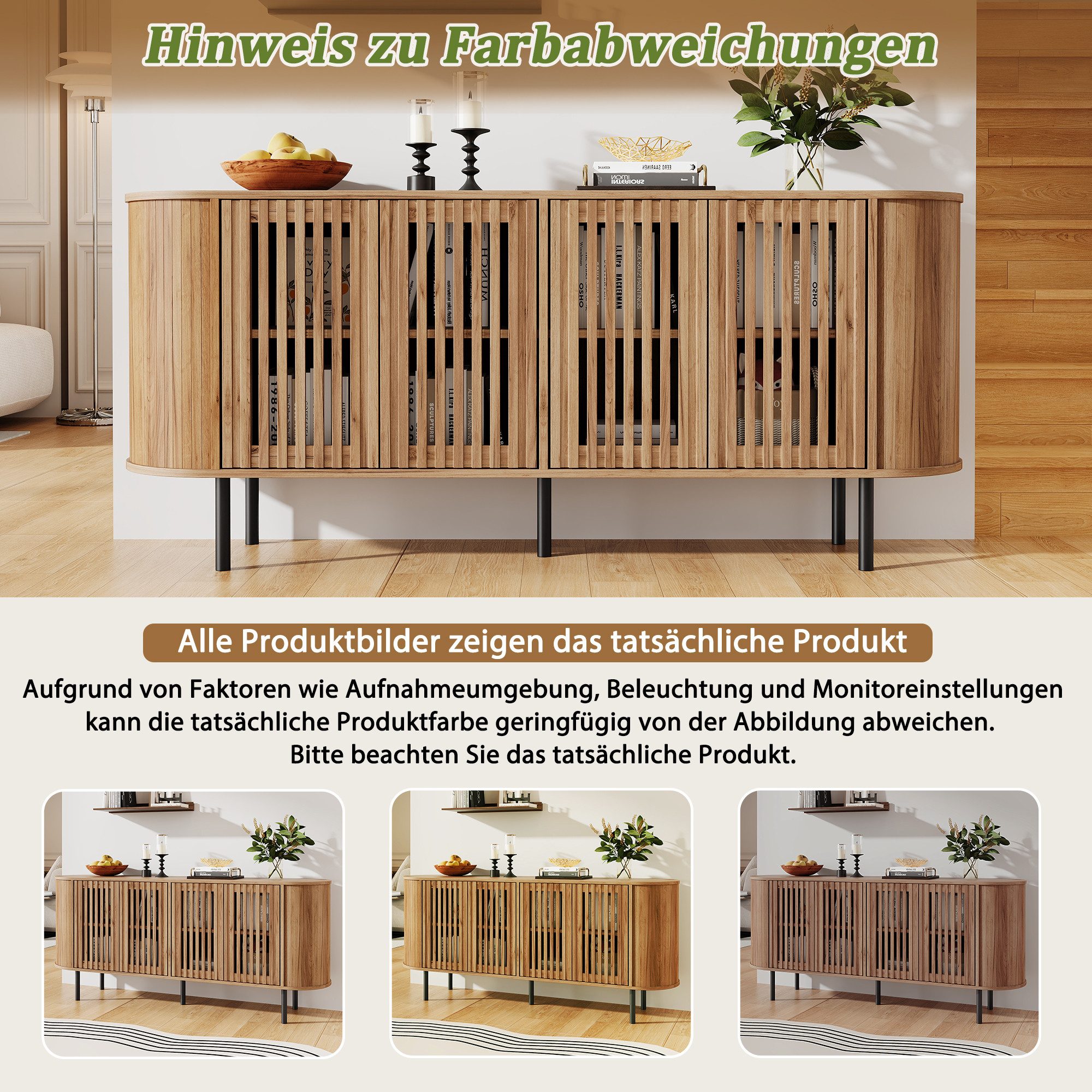Merax Sideboard mit 4 perforierten Schiebetüren & verstellbaren Einlegeböden (160x40x70cm, 1 St), Kommode Buffet Anrichte Buffetschrank Schrank mit Metallbeinen – Bild 4 von 5