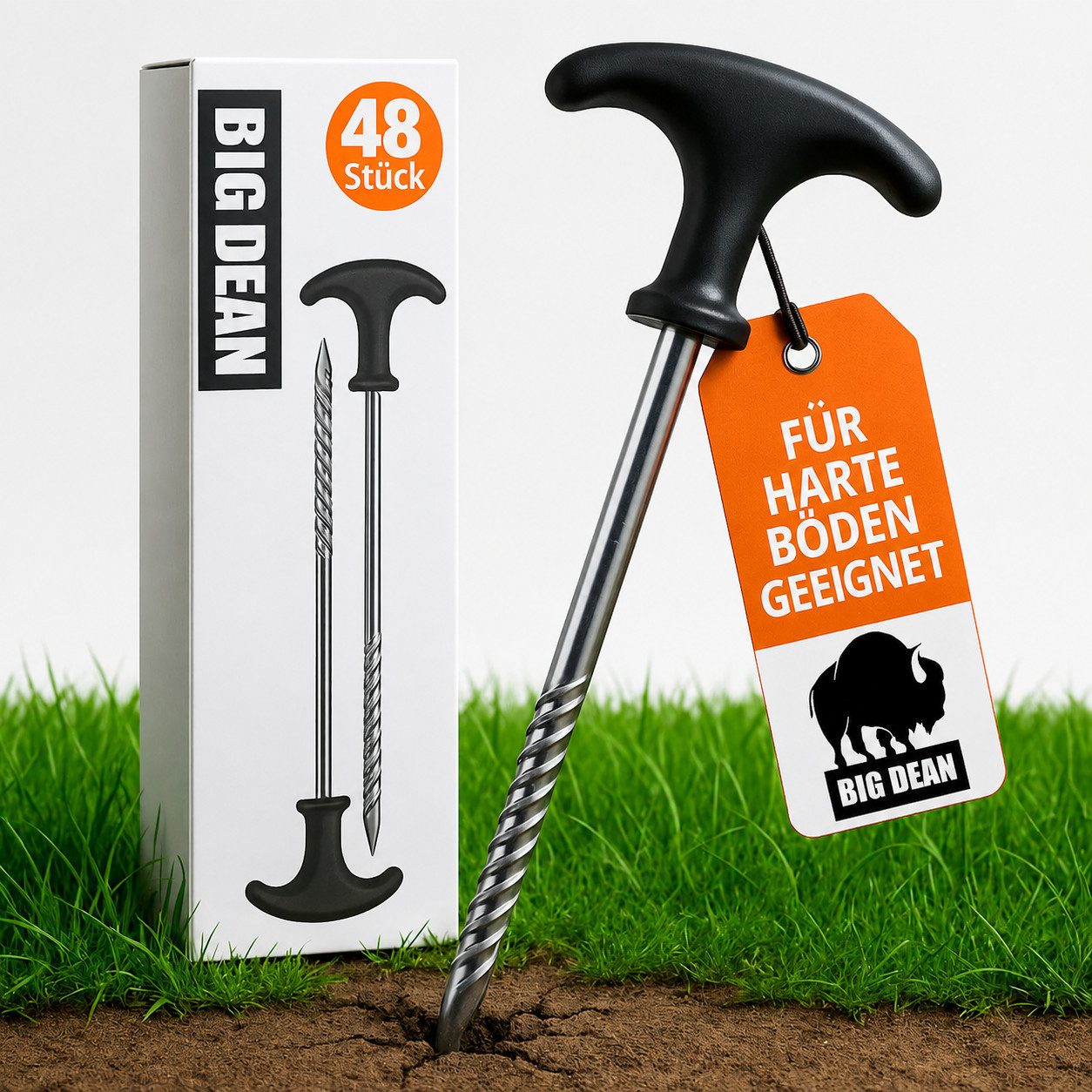 BigDean Zelthering Erdnägel Stabil Zeltheringe für harte Böden, (Set, 48-St., Heringe), Tiefes Gewinde, T-Griff, Robustem Stahl