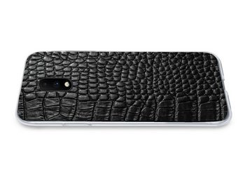 MuchoWow Handyhülle Leder - Strukturiert - Schwarz - Grau, Phone Case, Handyhülle OnePlus 7, Silikon, Schutzhülle