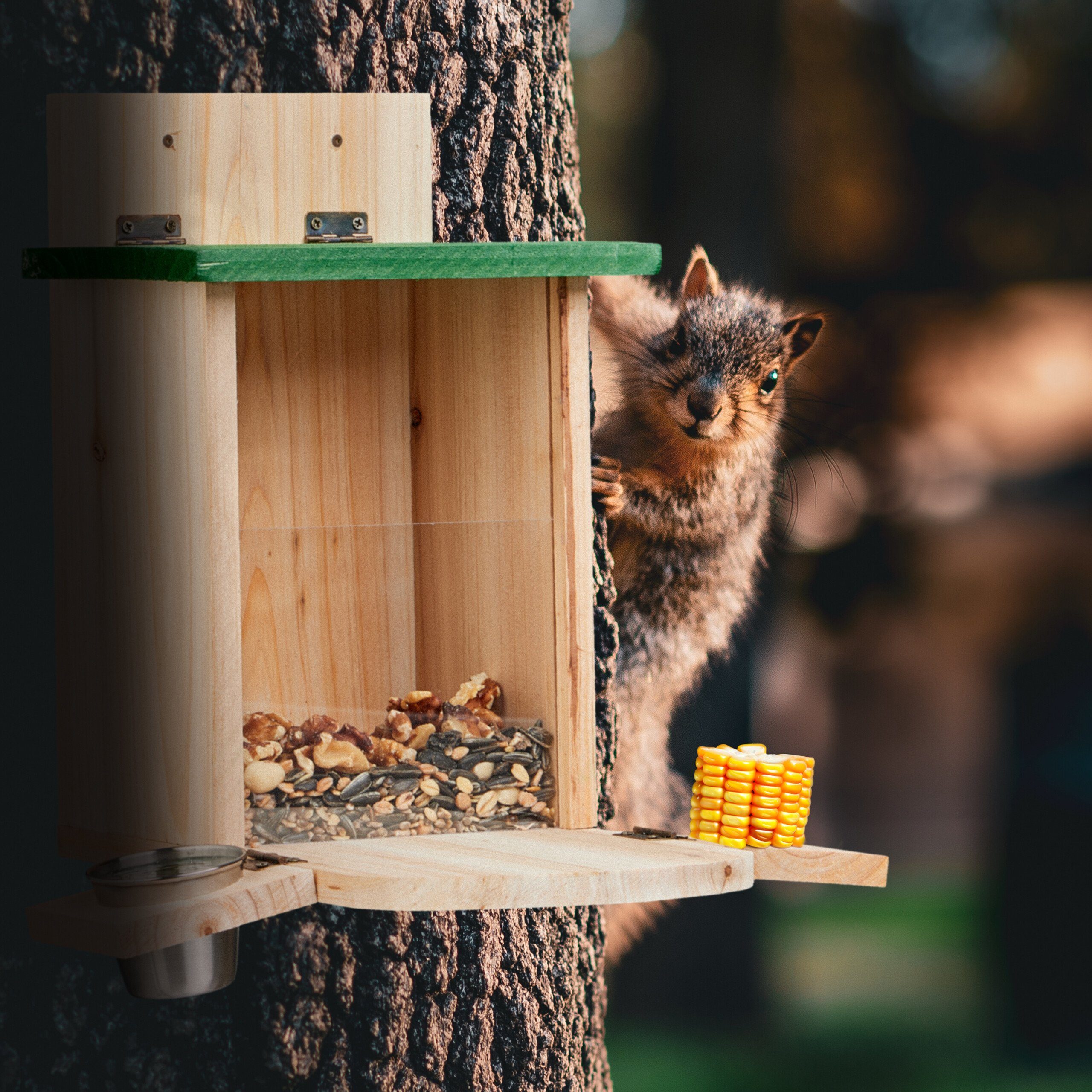 relaxdays Futterspender Eichhörnchen Futterhaus mit Tränke