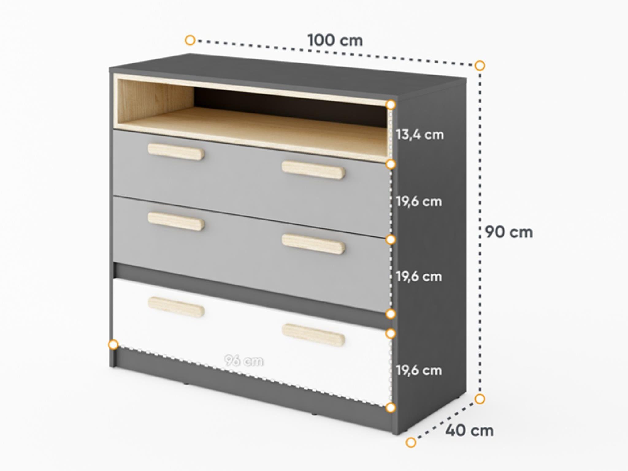 Beautysofa Schubkastenkommode Pok (100 cm breite), 100 cm Kommode mit 3x Schubladen