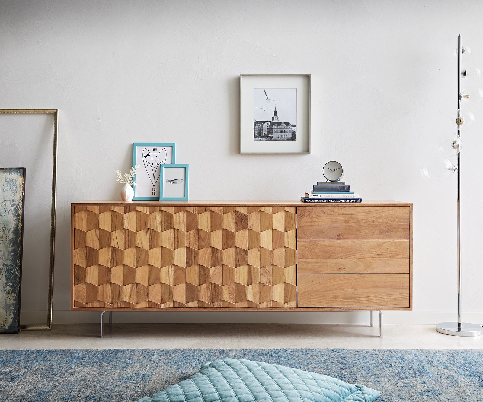 DELIFE Sideboard Fevo, Akazie Natur 175 cm 2 Türen 3 Schubfächer L-Fuß Sideboard