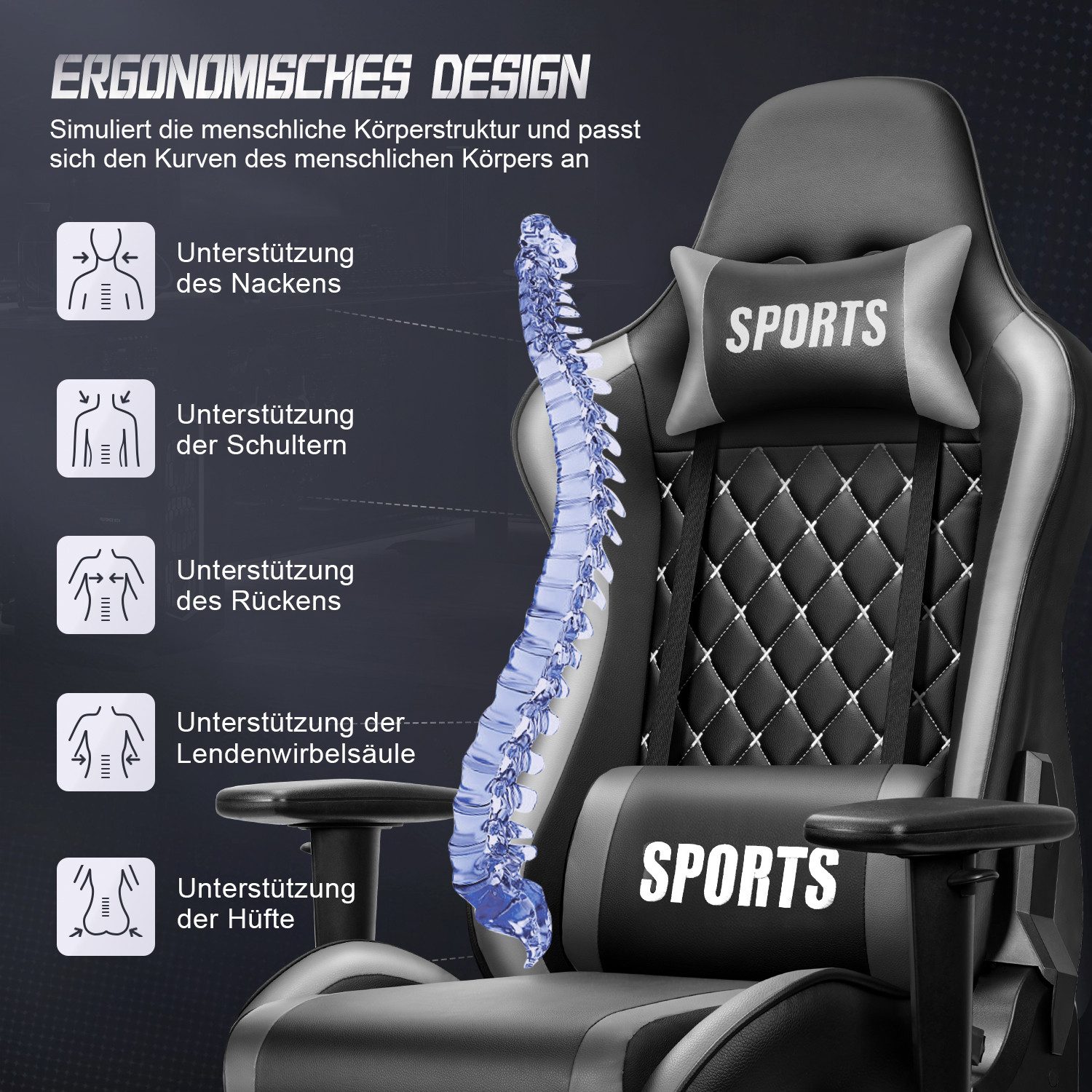 Adormii Gaming-Stuhl Gaming stuhl mit verstellbaren Armlehnen, ergonomisch gaming chair (90°–170° neigbar und arretierbar, gamingstuhl mit gepolsterter Kopfstütze und Lendenkissen, pc stuhl gaming mit verdicktem Sitzkissen, 10cm höhenverstellbarem Sitz, gamer stuhl bis 150 kg)