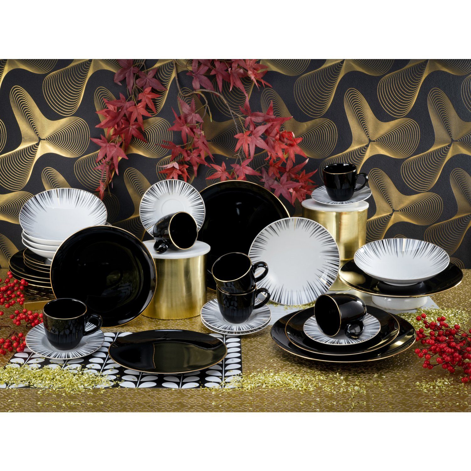 CreaTable Kombiservice Geschirr-Set Enjoy Black Style (30-tlg), 6 Personen,  Porzellan, Service, handdekorierter Goldrand, 30 Teile, für 6 Personen, -  Kombination von schwarz-weiß-gold Glasur