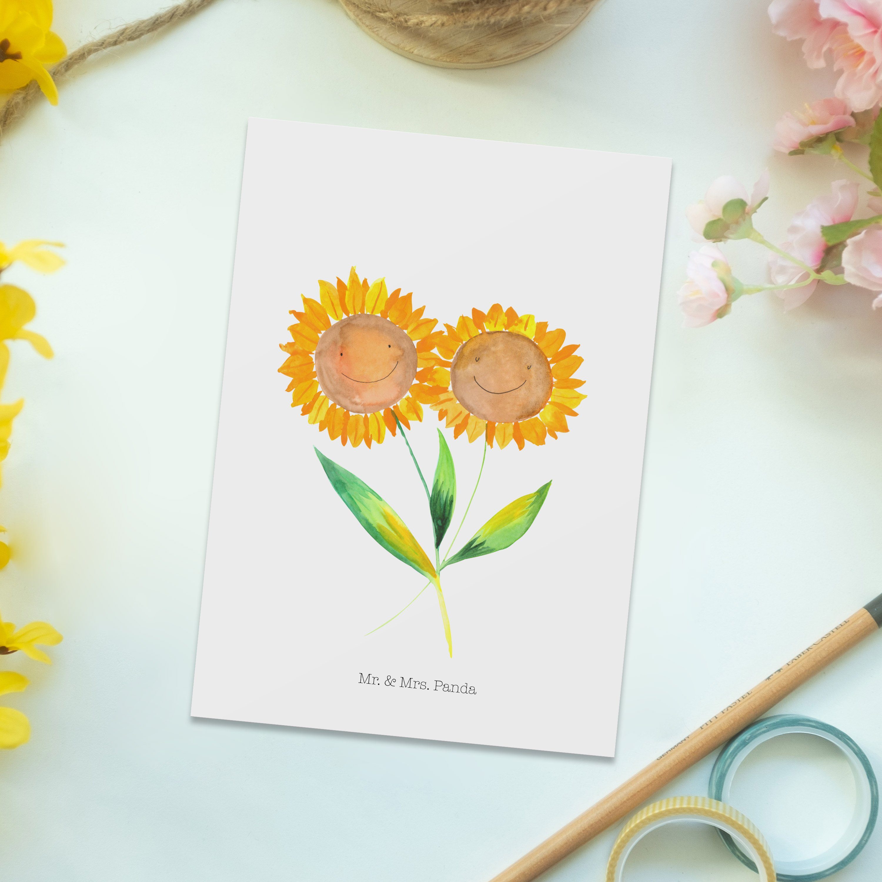 - - Mrs. Postkarte Blumen, Sonnenblume Lieblingsmensch, Panda & Einladung, Weiß Mr. Geschenk, Ge
