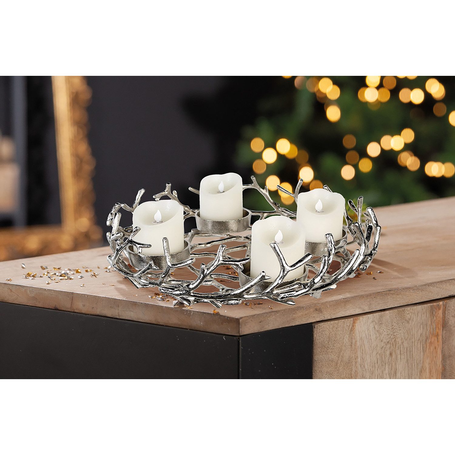 GILDE Adventsleuchter Adventsleuchter TWIGS - silber - Aluminium - Höhe 12cm x Ø 42cm (1x Adventsleuchter, Lichtträger - Kandelaber), Teelichthalter - Kerzenhalter - Leuchter - Kerzenständer