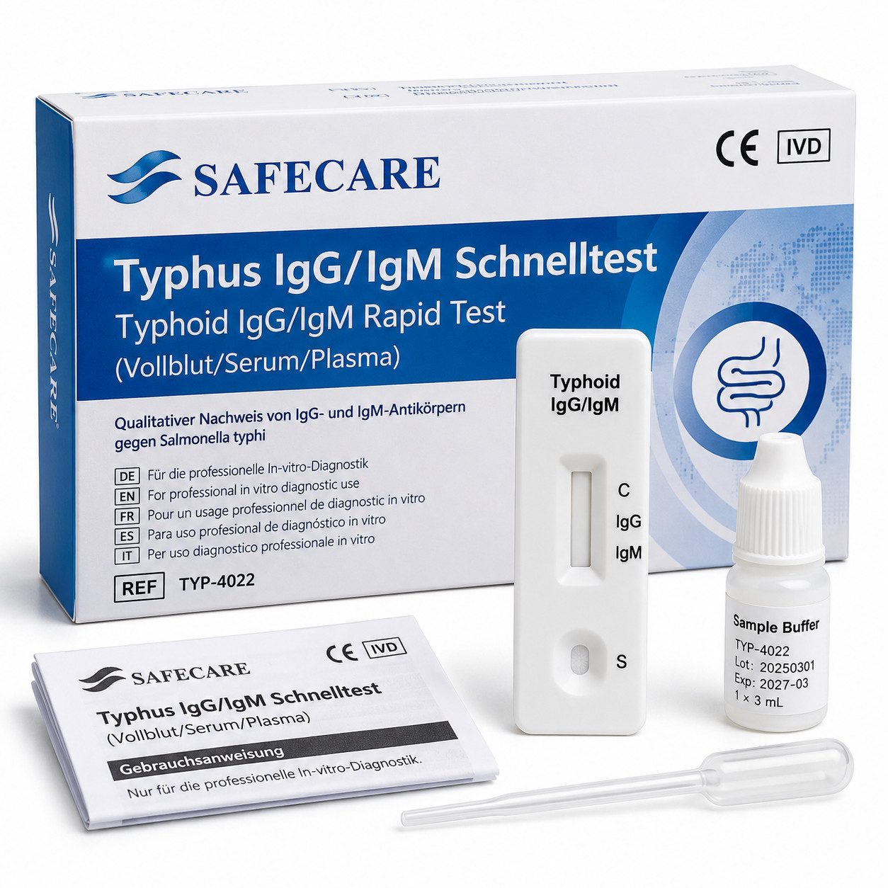 Safecare Bio-Tech Influenza-Schnelltest SAFECARE Typhus IgG/IgM Schnelltest – Salmonella typhi Test, 2 Messparameter, Typhus, 25-tlg., Gesundheitstest, Getrennter IgG-/IgM-Nachweis gegen Salmonella typhi in ca. 15 Min.