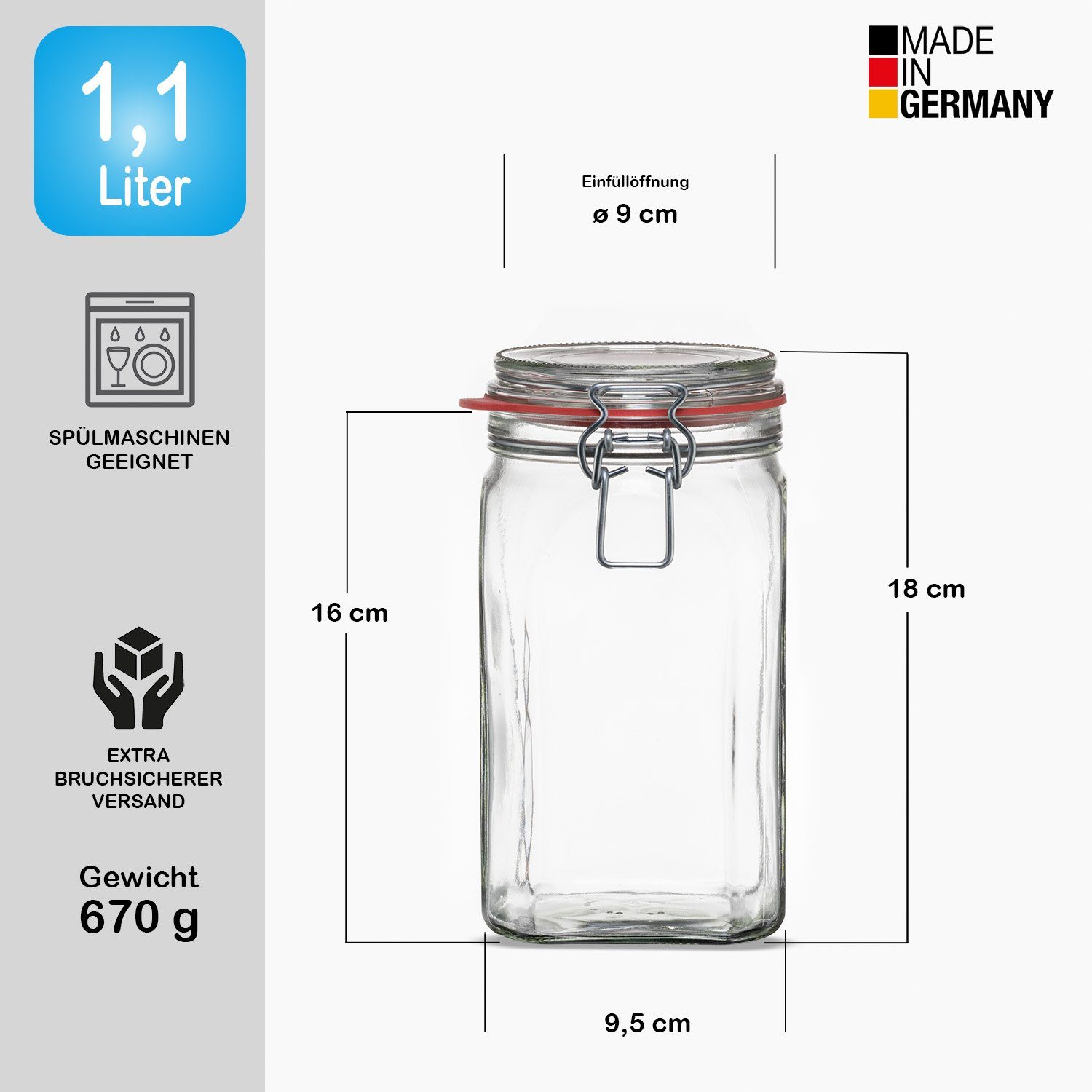 Vorratsgläser in Made Bügelverschluss 1,1L & Metall. BigDean Deckel 12x Gummi, (12-tlg) Einmachglas Glas. Germany,