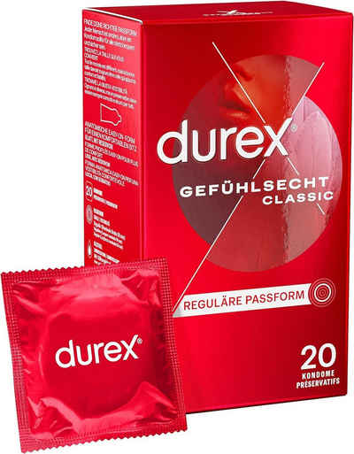 durex Kondome Gefühlsecht Classic mit anatomischer Easy-On-Form & Silikongleitgel befeuchtet, 20 St., Ultra dünn