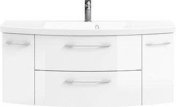 Saphir Badmöbel-Set Cassca Sprint 2-teilig Mineralmarmor-Waschtisch mit LED-Spiegelschrank, (2-St), Waschplatz 121 cm breit mit 5 Türen, 2 Schubladen, inkl. Türdämpfer