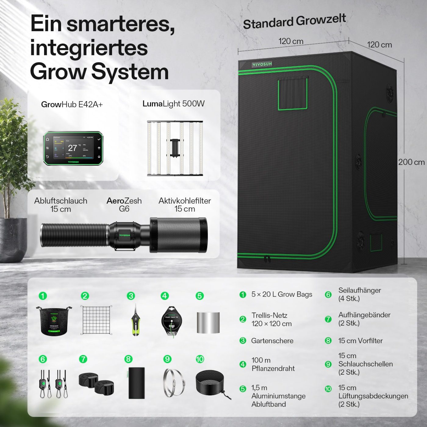 VIVOSUN Gewächshaus VIVOSUN Smart Growbox Komplettset, BxTxH: 60 x 60 x 120 cm, BxLxH: 60 x 60 x 120 cm, LumaLight 100W LED, G4-Abluftsystem und E42A+ Smart-Con – Bild 2 von 5