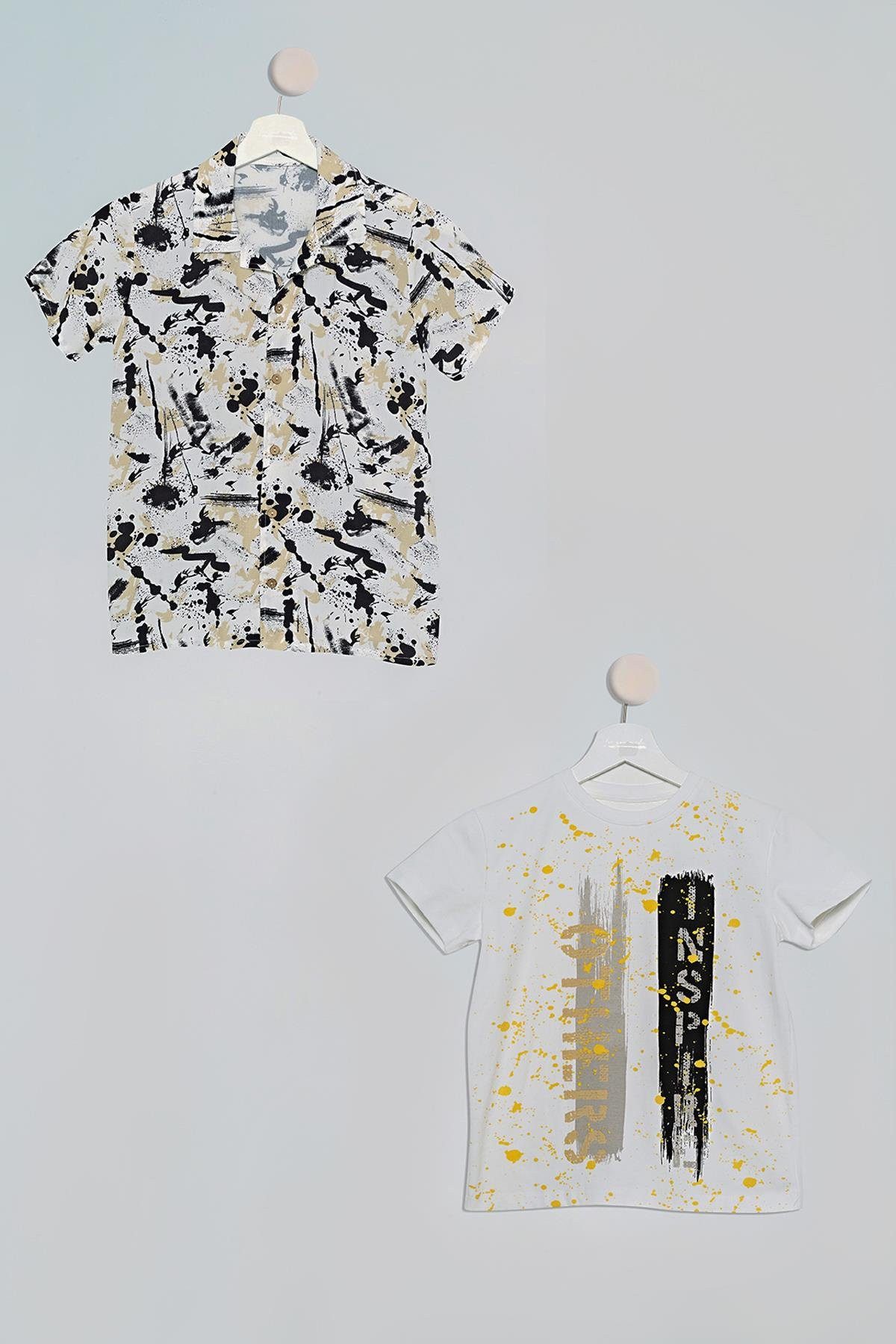 For You Moda Frackhemd 2-teiliges Schwarzes Kaffee-Print Hemd T-Shirt Set