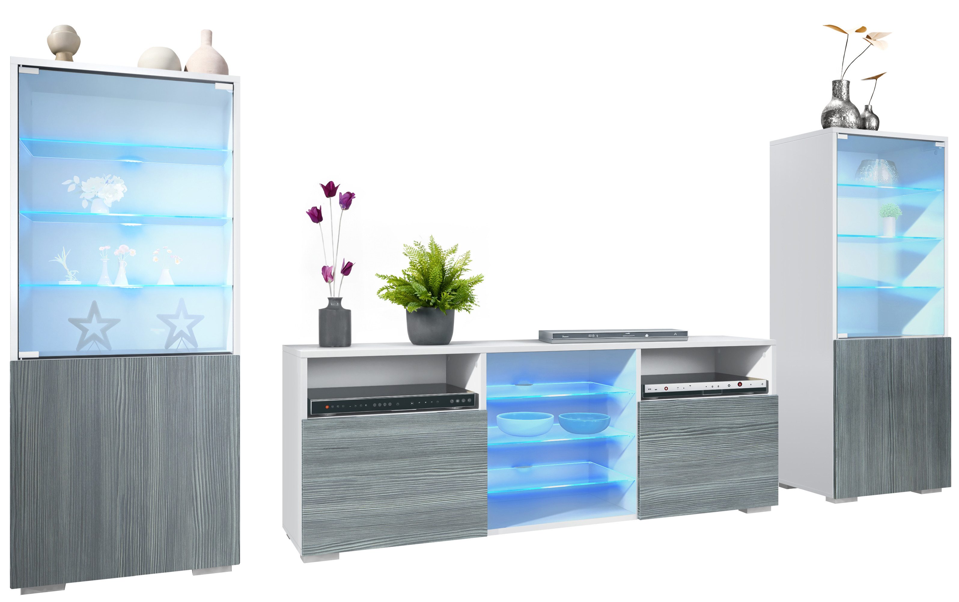 Vladon Wohnwand Granada, (Anbauwand, bestehend aus 2 Vitrinen, 1 TV-Board und LED-Beleuchtung), Weiß matt/Avola-Anthrazit (286 x 122,5 x 35 cm)