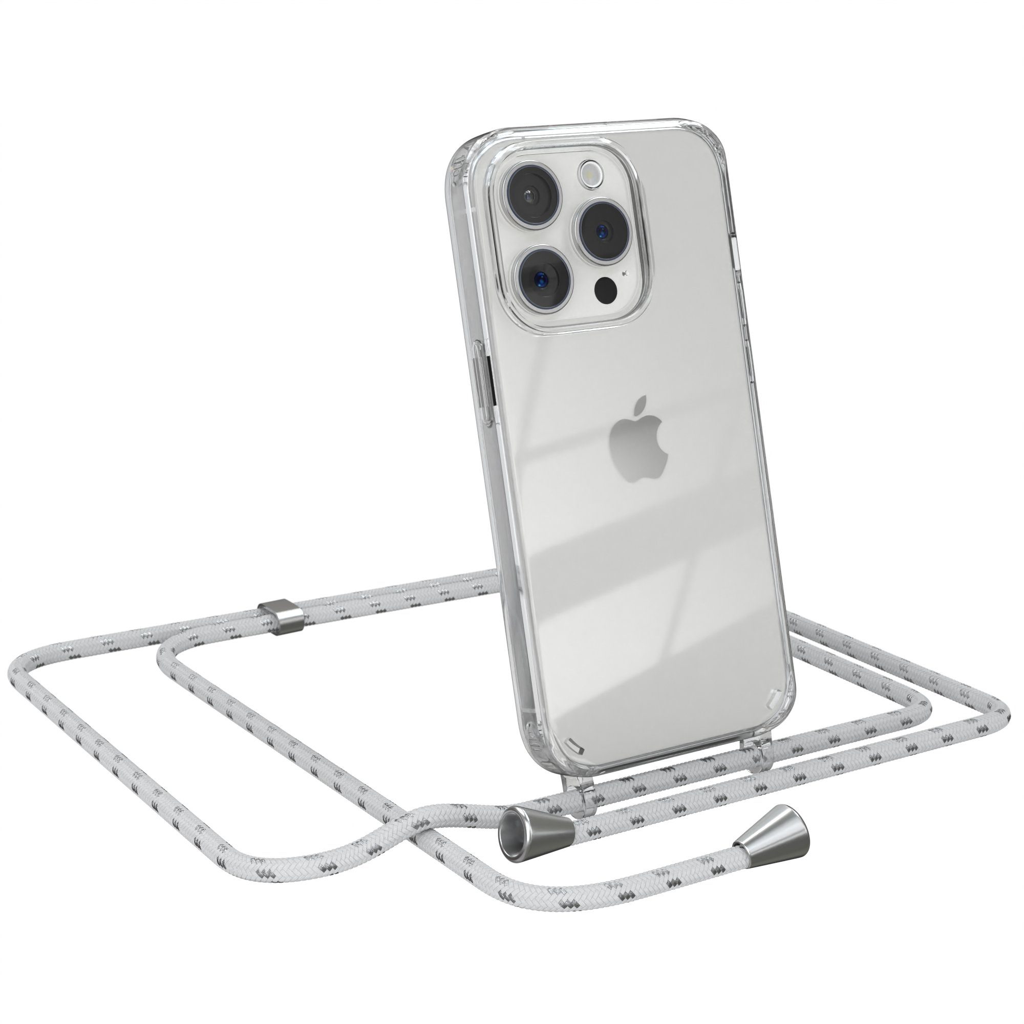 EAZY CASE Handykette mit-/ohne Magsafe Hülle für iPhone 15 Pro 6,1 Zoll, Hülle Smartphonekette für Unterwegs Festivalhülle Transparent Weiß