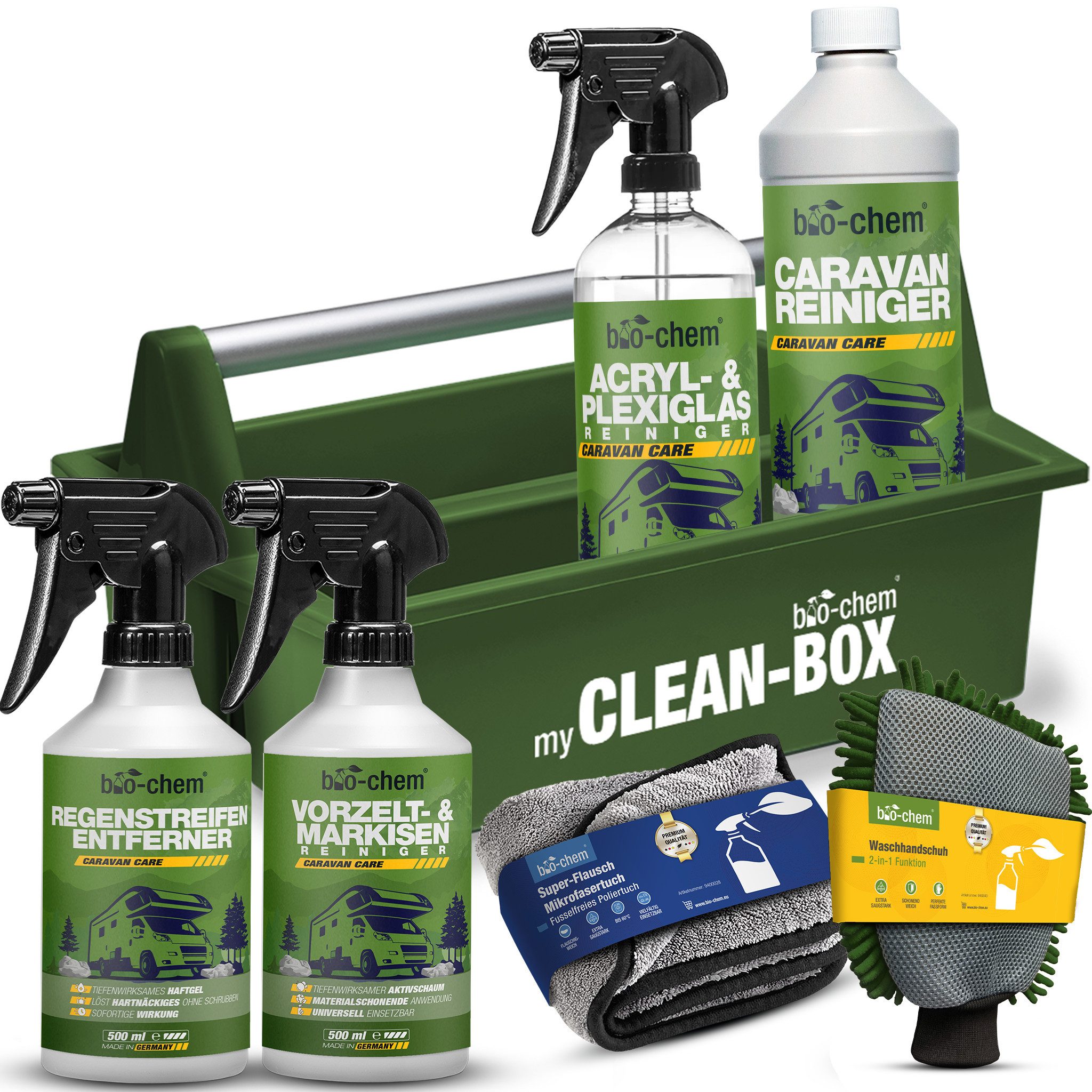 bio-chem bio-chem Wohnmobil Pflege-Set Premium: Reinigung & Schutz Auto-Reinigungsmittel (Sparpaket, [- Caravan Außenpflege PREMIUM-SET 8-teilig Hochwirksame Reinigung & Schutz in einem Set)