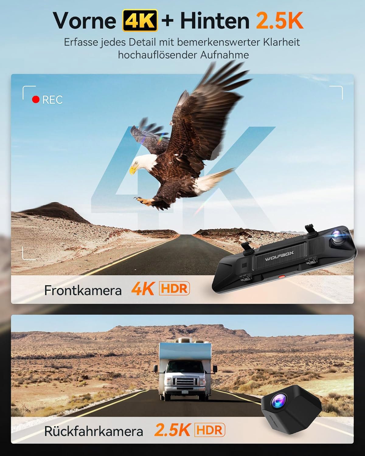 WOLFBOX G900Pro, 12MP WiFi Touchscreen Rückspiegel Dashcam Smart Spiegel Rückfahrkamera