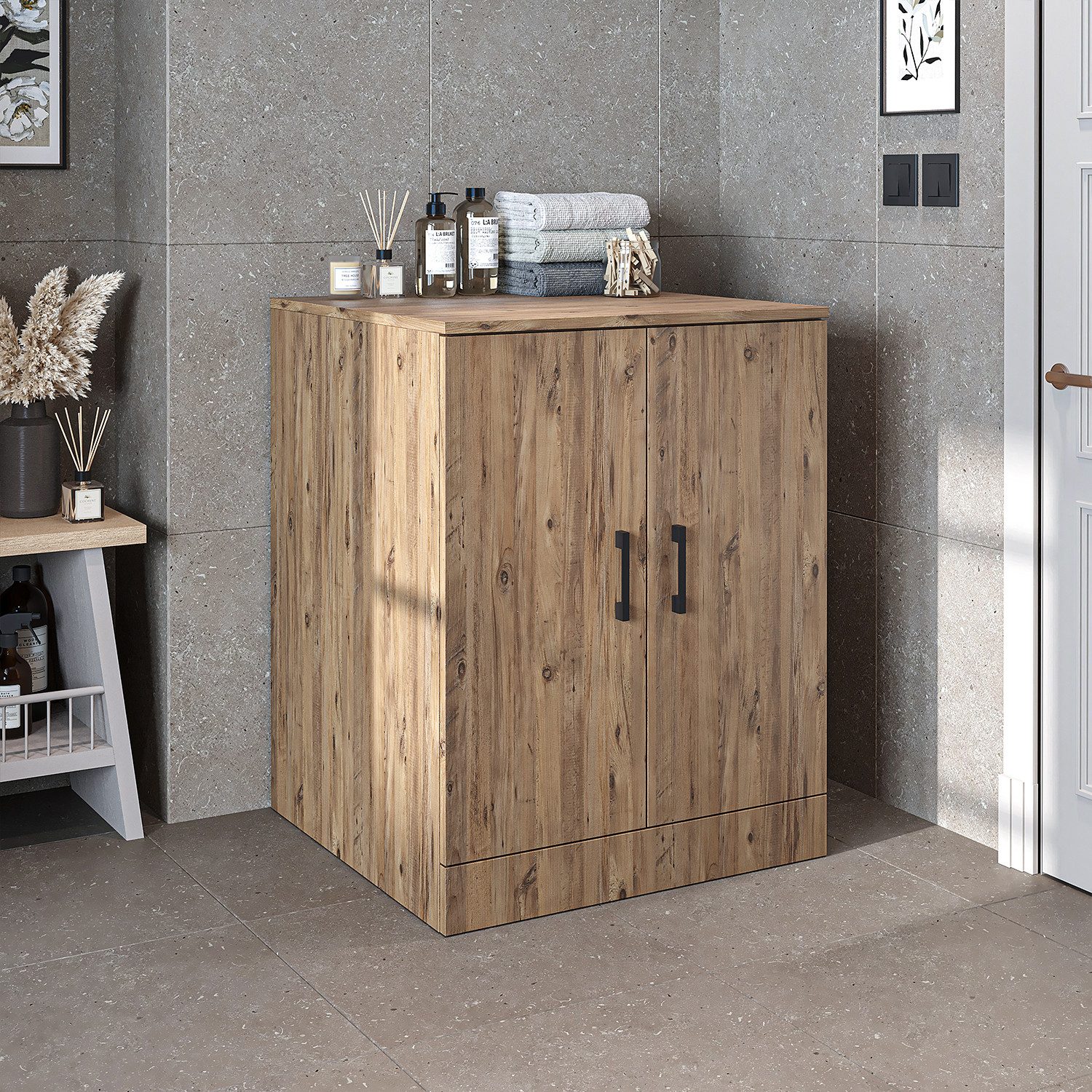 Roomart Waschmaschinenumbauschrank ATRIA – Umbauschrank für Badezimmer / HWR - 70cm (Waschmaschinenschrank - B/H/T: 70 x 90 x 69 cm) •Weiß •Weiß-Eiche •Eiche •Anthrazit-Eiche