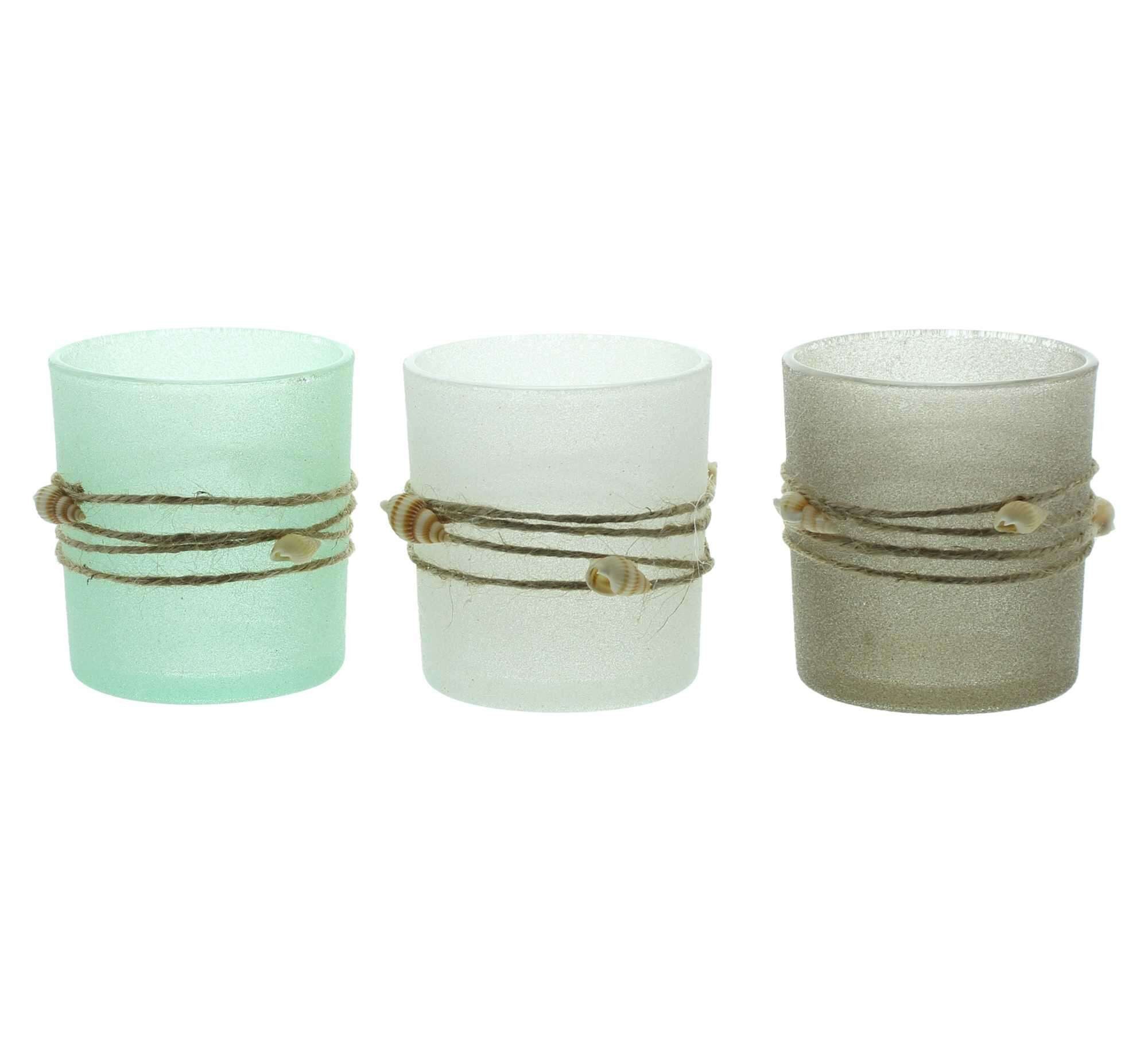 Dekoleidenschaft Windlicht „Maritim“ Teelichthalter aus Glas mit Muscheln, Teelichtgläser Set (3 St., im Set), Kerzengläser, Teelichterhalter