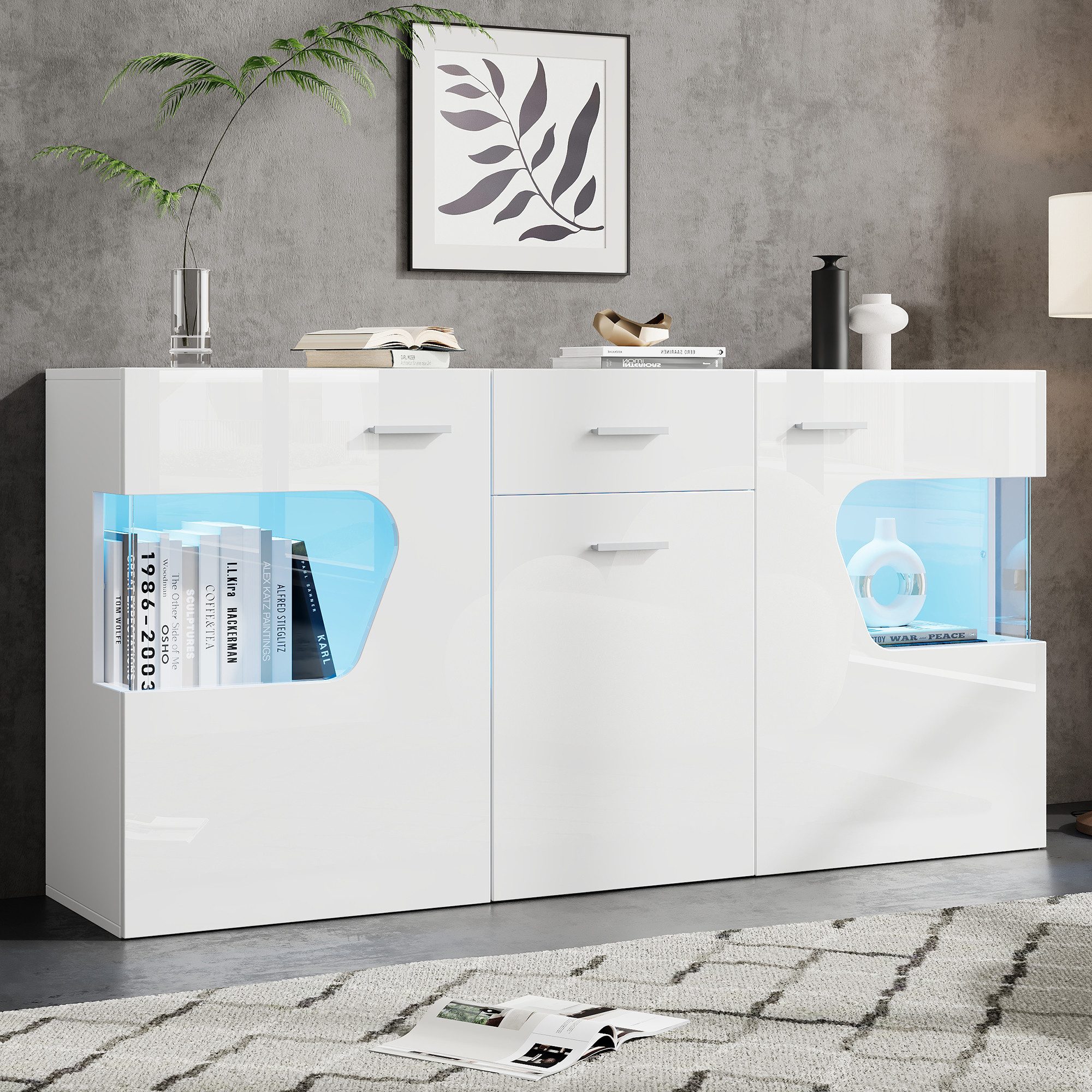 Merax Sideboard Hochglanz Vitrinenschrank Wohnzimmerschrank mit LED-Lichtleiste (140 L x 33 B x 70 H cm, 1 St), Kommode mit 3 Türen, Glasfronten aus Sicherheitsglas & Stauraum