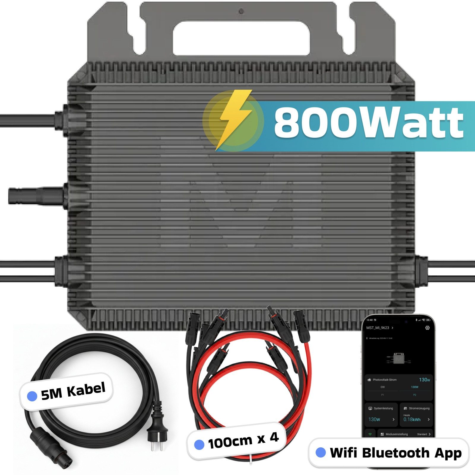 SUNNIVA Balcony Power Plant 1000W with 2.24 kWh Storage MARSTEK B2500-D, (BIFAZIAL FULLBLACK complete socket, PV solar system complete set with solar storage, 2x 500W N-Type glass-glass bifacial modules)