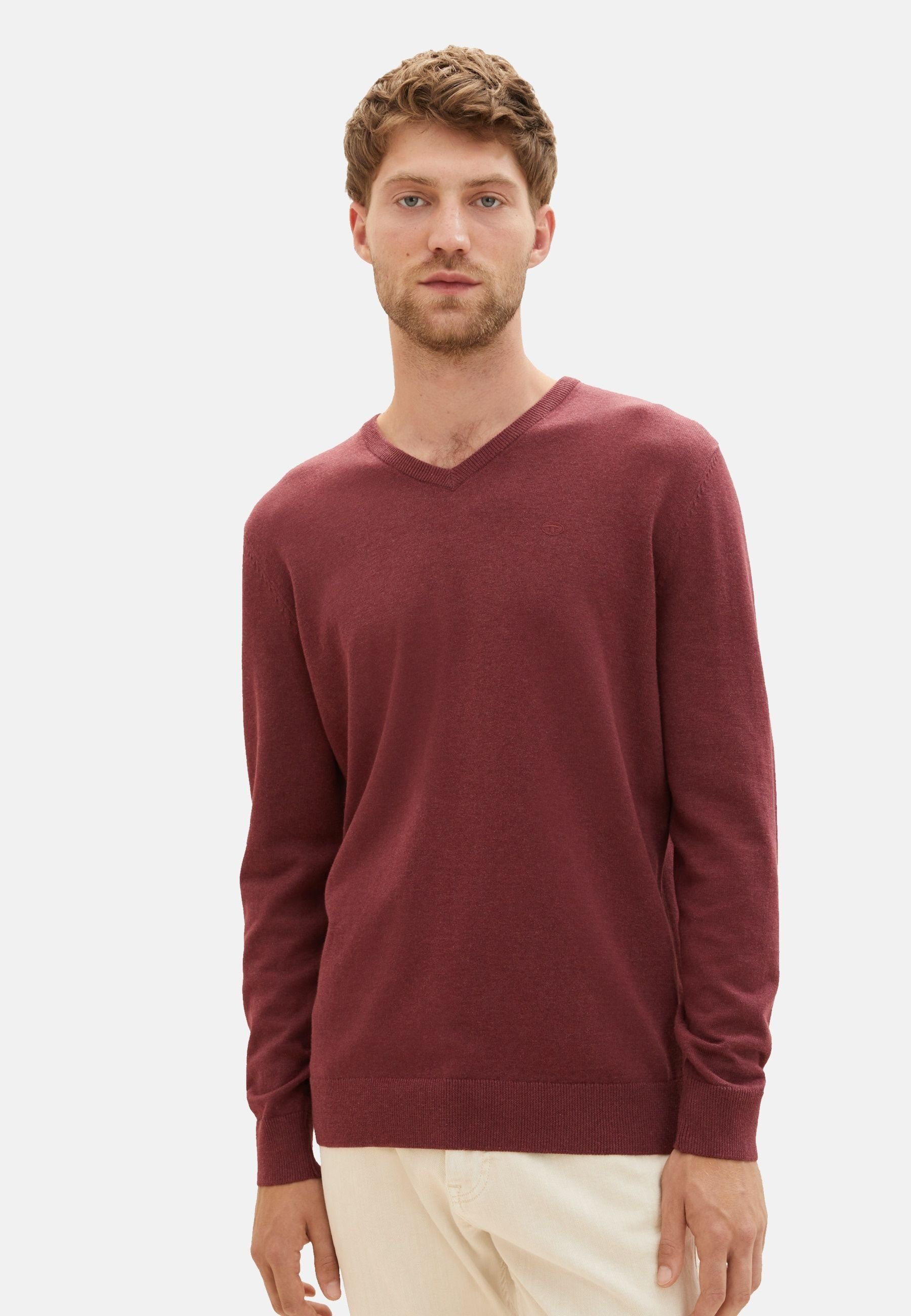 meliert Sweatshirt Pullover TOM (1-tlg) TAILOR mit Rippbündchen Sweatshirt dunkelrot