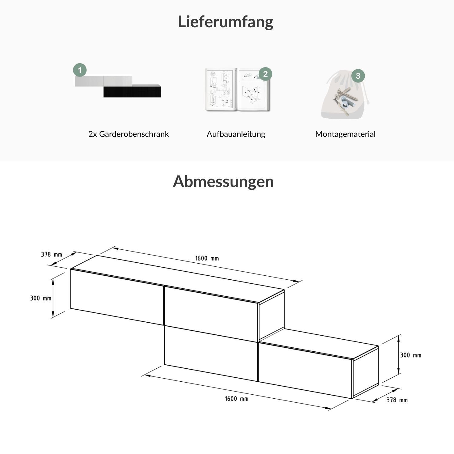 Planetmöbel Garderobenschrank Kompaktgarderobe Wandschrank 320 cm (schmaler Flurschrank mit Stauraum, 2-St., Flurgarderobe mit Soft-Open Funktion) Flurkommode vielseitig kombinierbar, 2x 160 cm