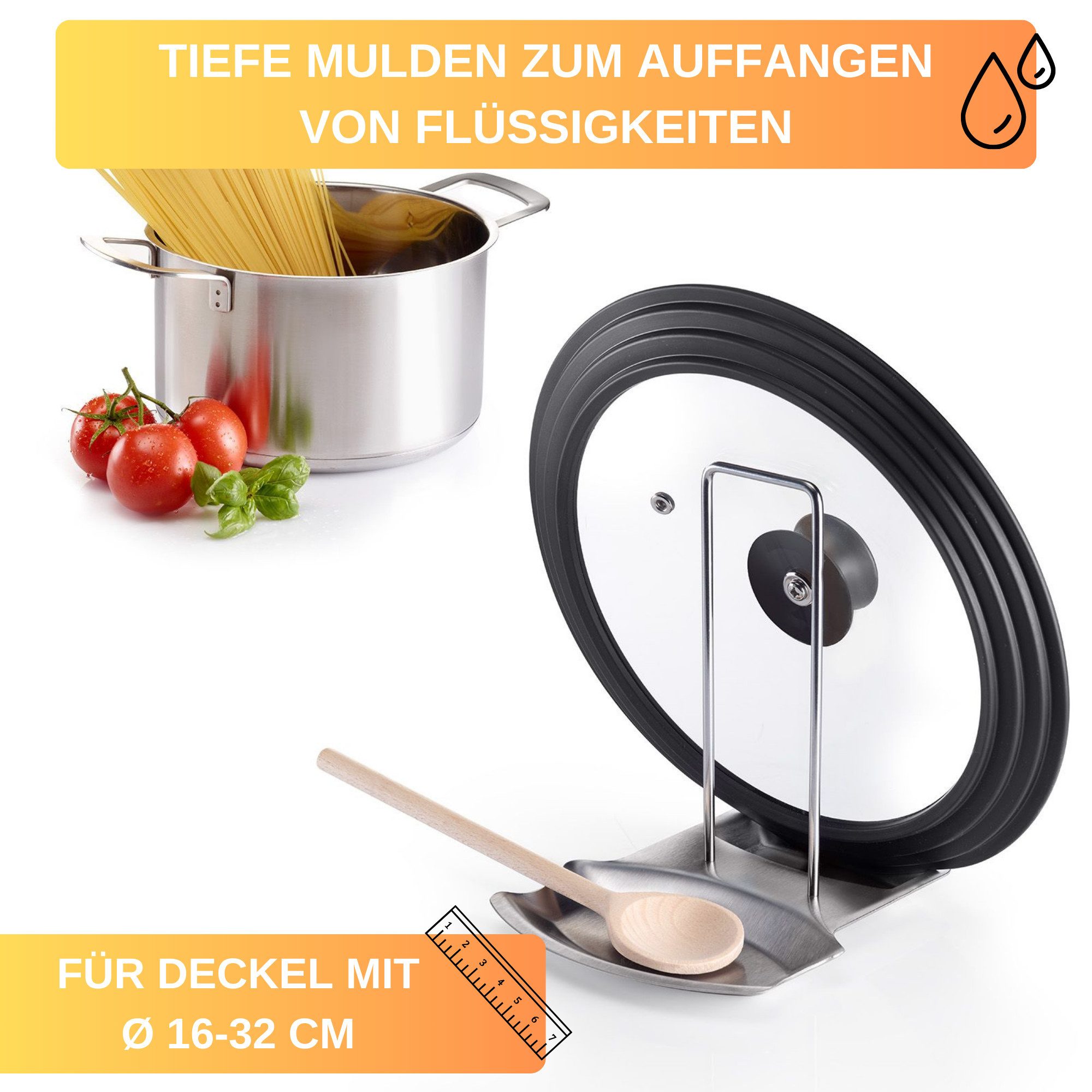 Thiru Kochlöffelhalter Ablage für Deckel + Löffel aus rostfreiem Edelstahl mit tiefen Mulden, Tiefe Mulden, für Deckel mit ø 16-32 cm, einfache Montage – Bild 4 von 5