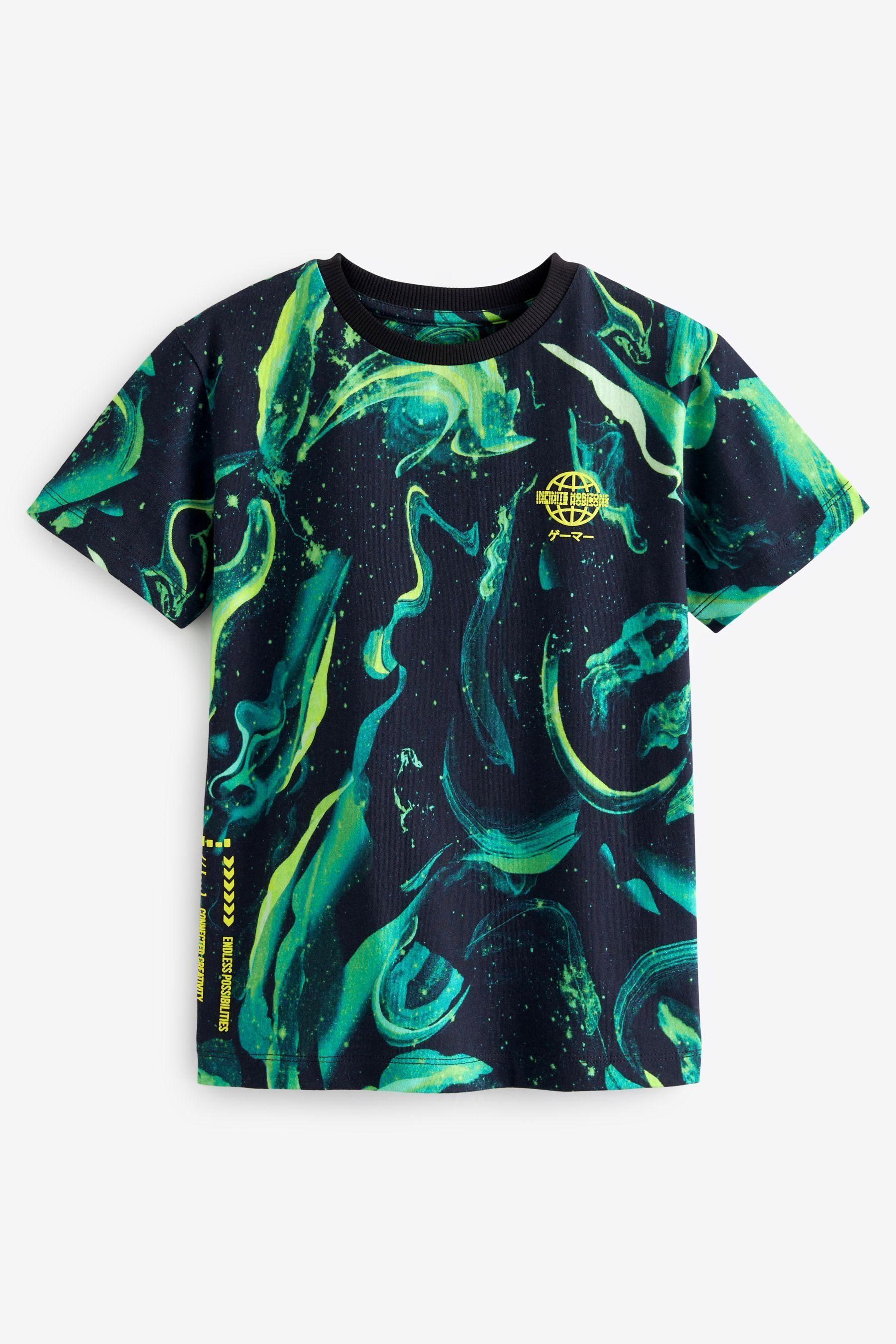durchgehendem mit Marble T-Shirt Print T-Shirt (1-tlg) Kurzärmeliges Black/Green Next