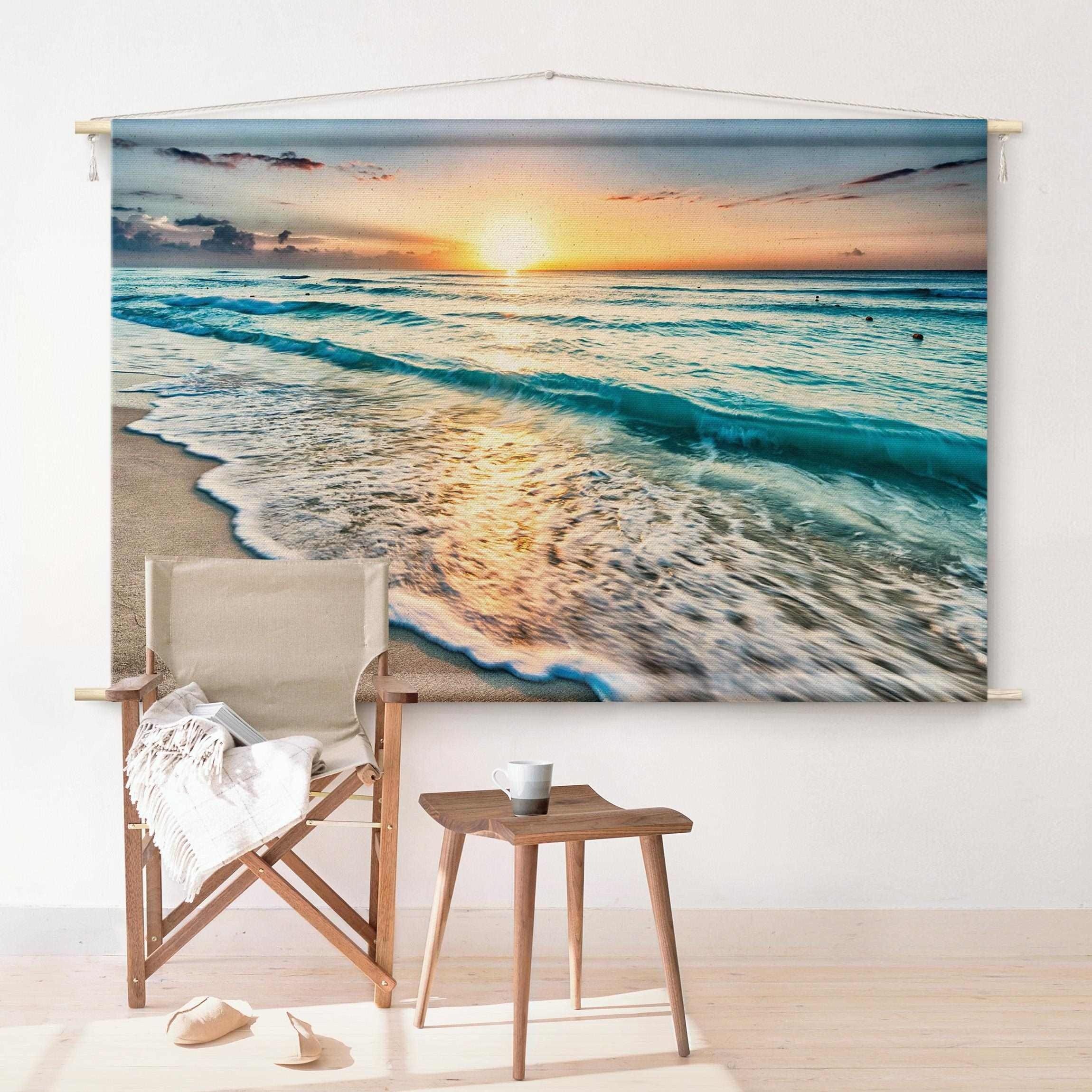 Bilderdepot24 Wandteppich modern Strand Natur blau, rechteckig, Höhe: 2.6 mm, großes Wandbild aus Natur-Baumwolle Wandbehang Stoffbild Tuch Wollseil