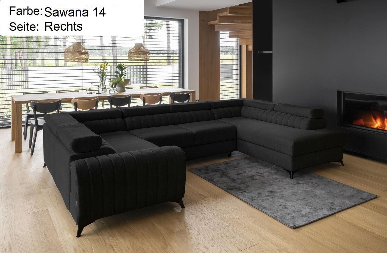 Lukas Möbel Wohnlandschaft Wohnlandschaft Linus mit Schlaffunktion Bettkasten XXL-Sofa in U-Form, mit Bettfunktion, mit verstellbaren Kopfstützen, mit Bettkasten Webstoff Sawana 14 schwarz