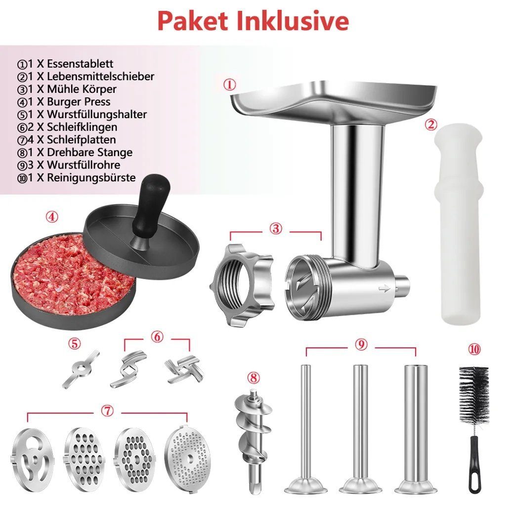 AMZCHEF Fleischwolfaufsatz DT-5-A, Zubehör für KitchenAid, Geeignet für alle KitchenAid-Modelle, Rostfreier Stahl