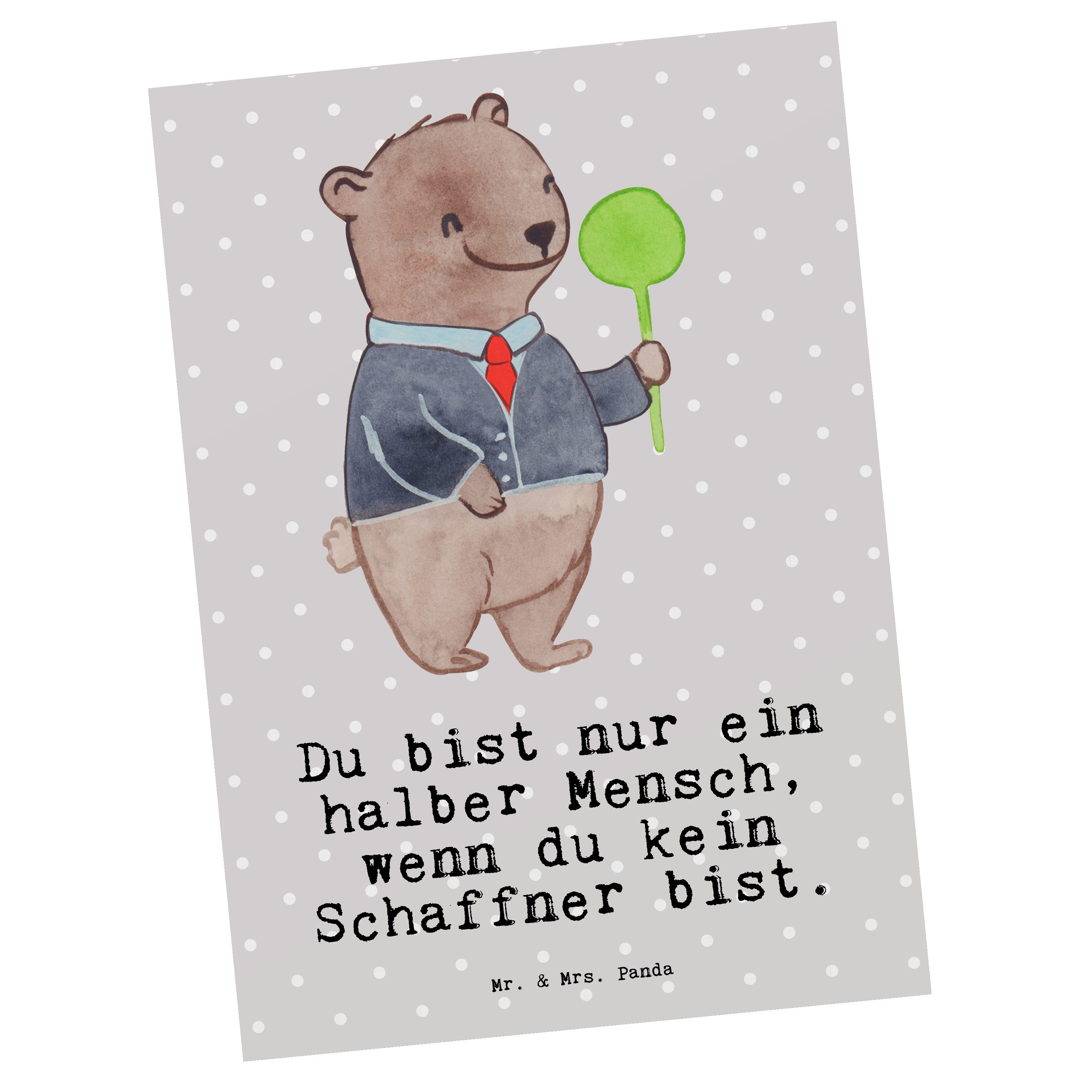 Mr. & Mrs. Panda Postkarte Schaffner mit Herz - Grau Pastell - Geschenk, Dankeskarte, Ansichtska
