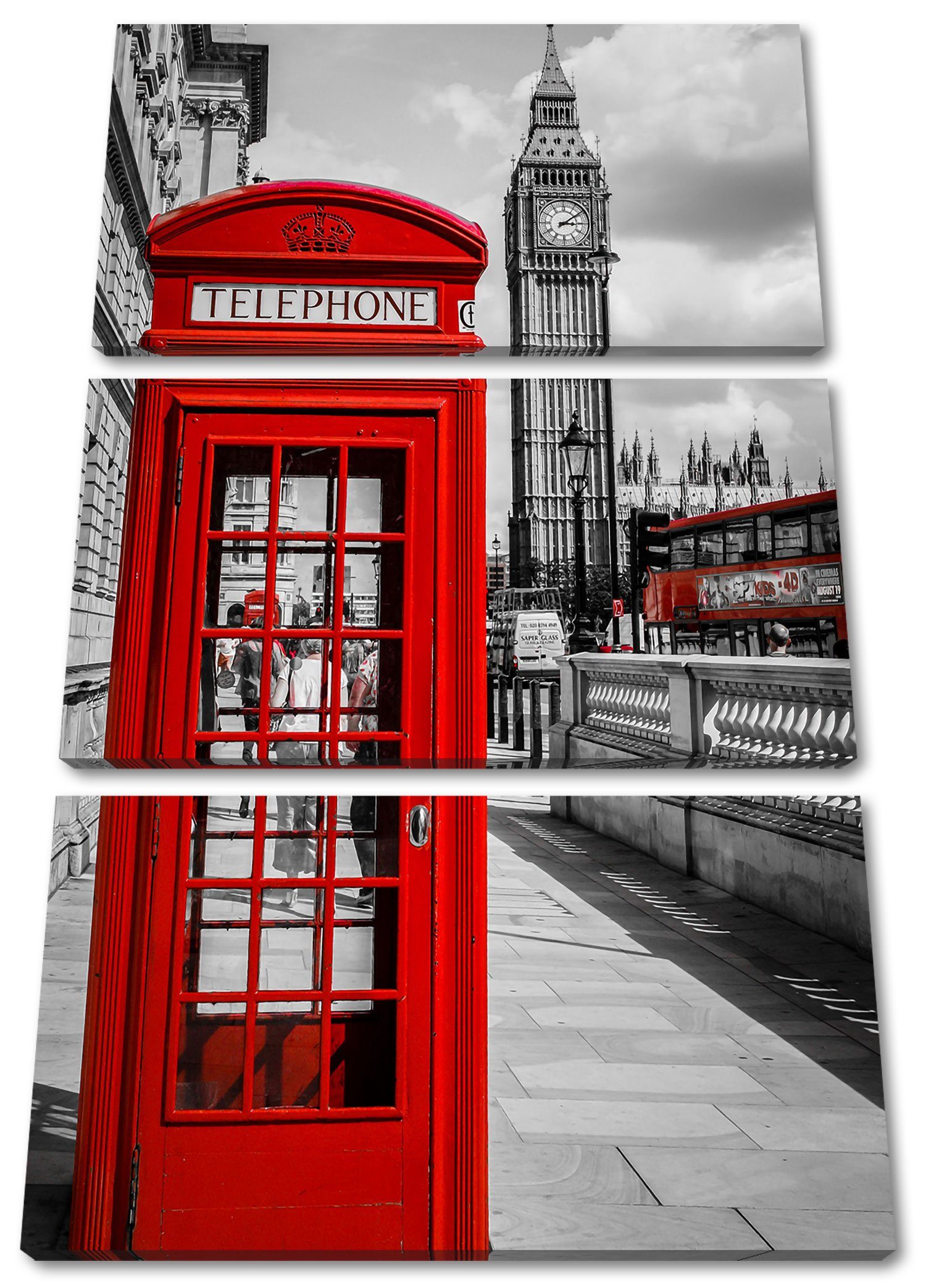 Pixxprint Leinwandbild Telefonzelle fertig Telefonzelle 3Teiler London, inkl. bespannt, (120x80cm) Zackenaufhänger Leinwandbild St), London (1