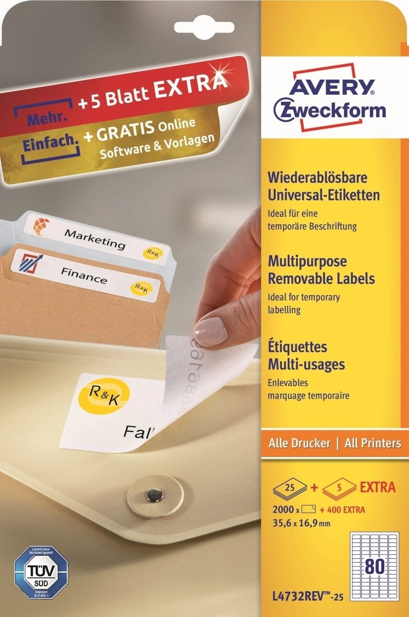 Thumbnail - Avery Zweckform Etiketten Etiketten Inkjet/Laser/Kopier 35,6x16,9mm weiß VE=2400 Stück.