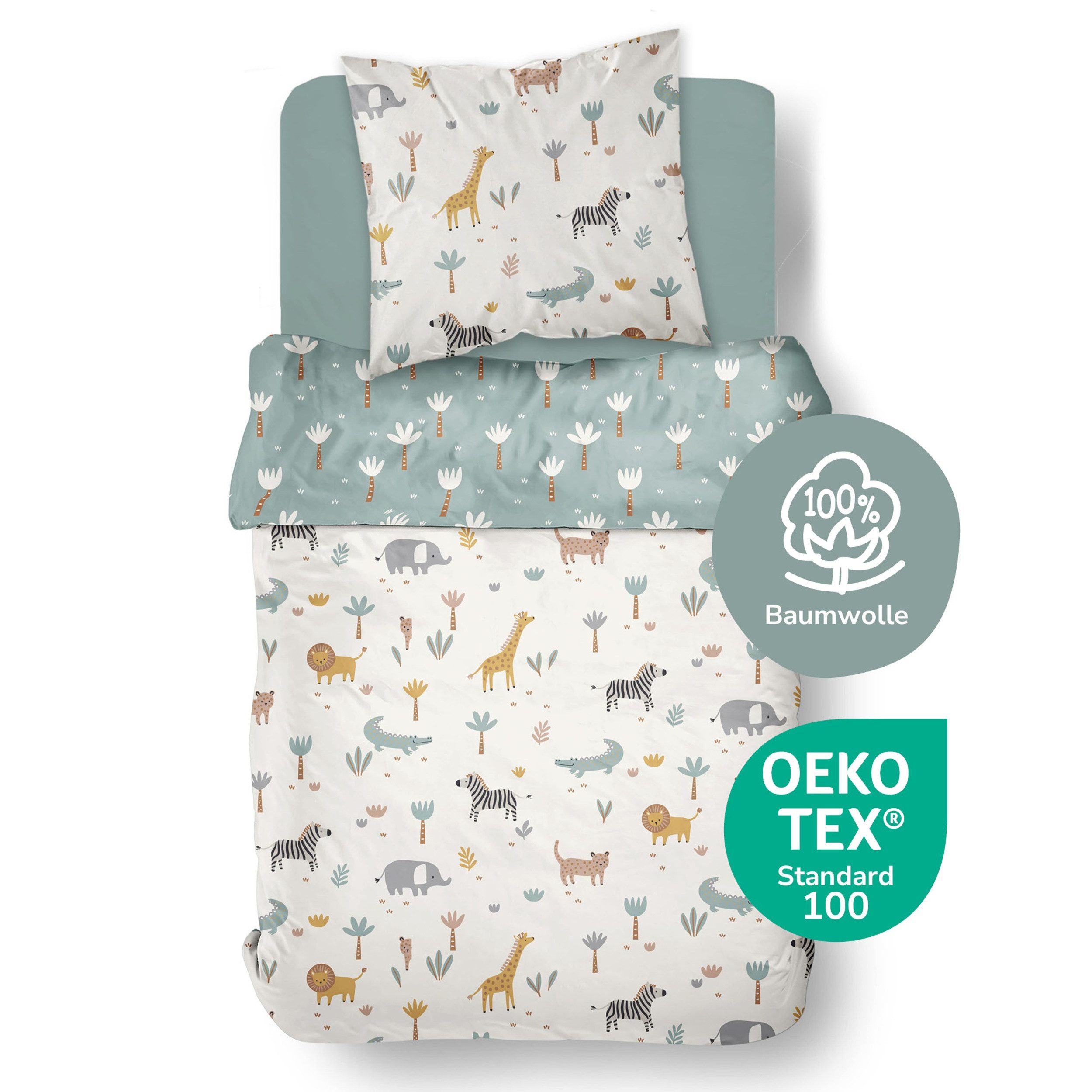Familando Kinderbettwäsche Safari Tiere 135x200 80x80 cm mit Elefant Tiger & Co., Renforcé, 2 teilig, Bettwäsche mit liebevollem Motiv für Mädchen und Jungen