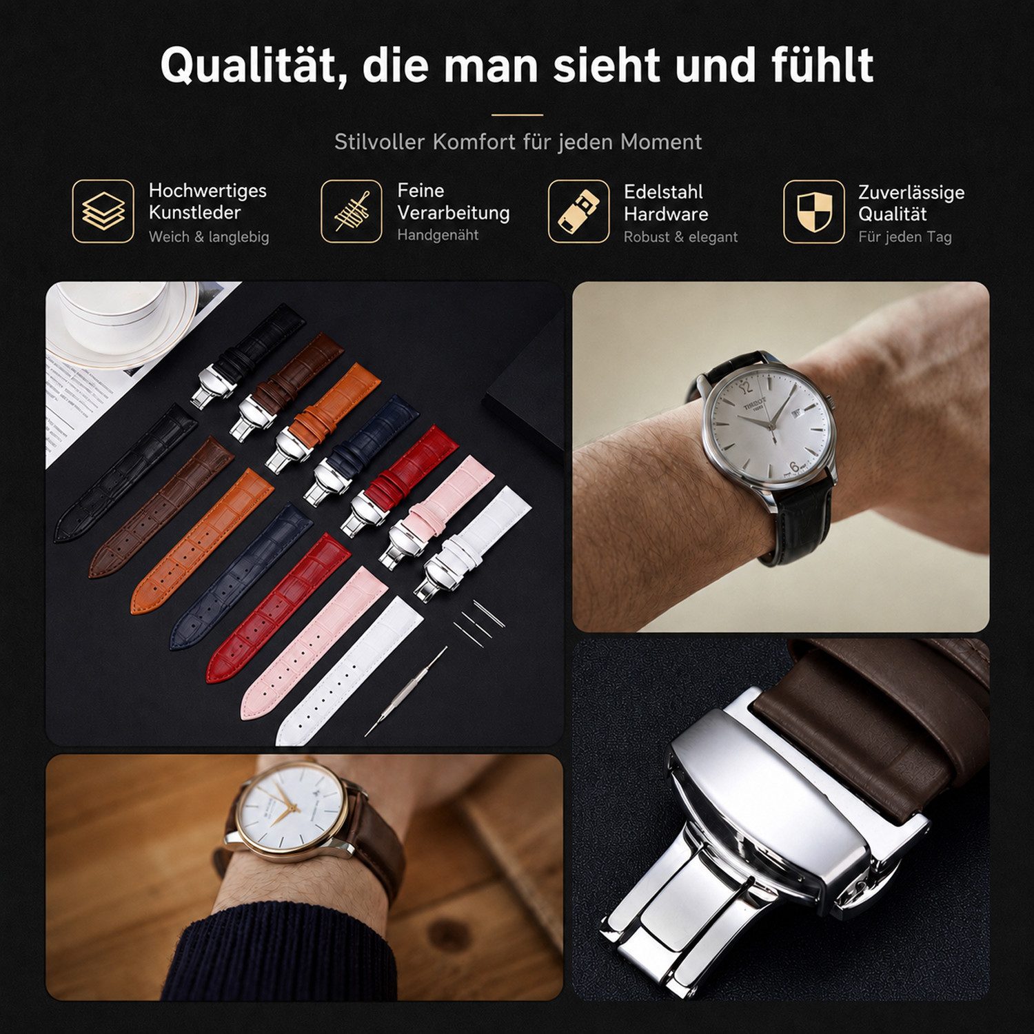 BOOD Uhrenarmband Leder‑Uhrenarmband mit Schmetterlingsschnalle,20/22mm Breiten,5 Farben