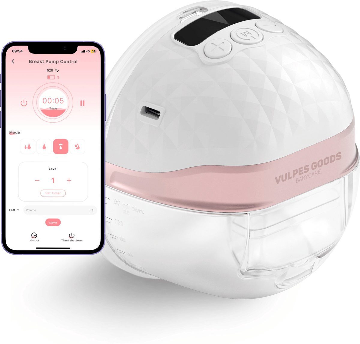 Vulpes Goods Elektrische Milchpumpe BabyCare PRO V2, App-Steuerung, 4 Modi, Memory