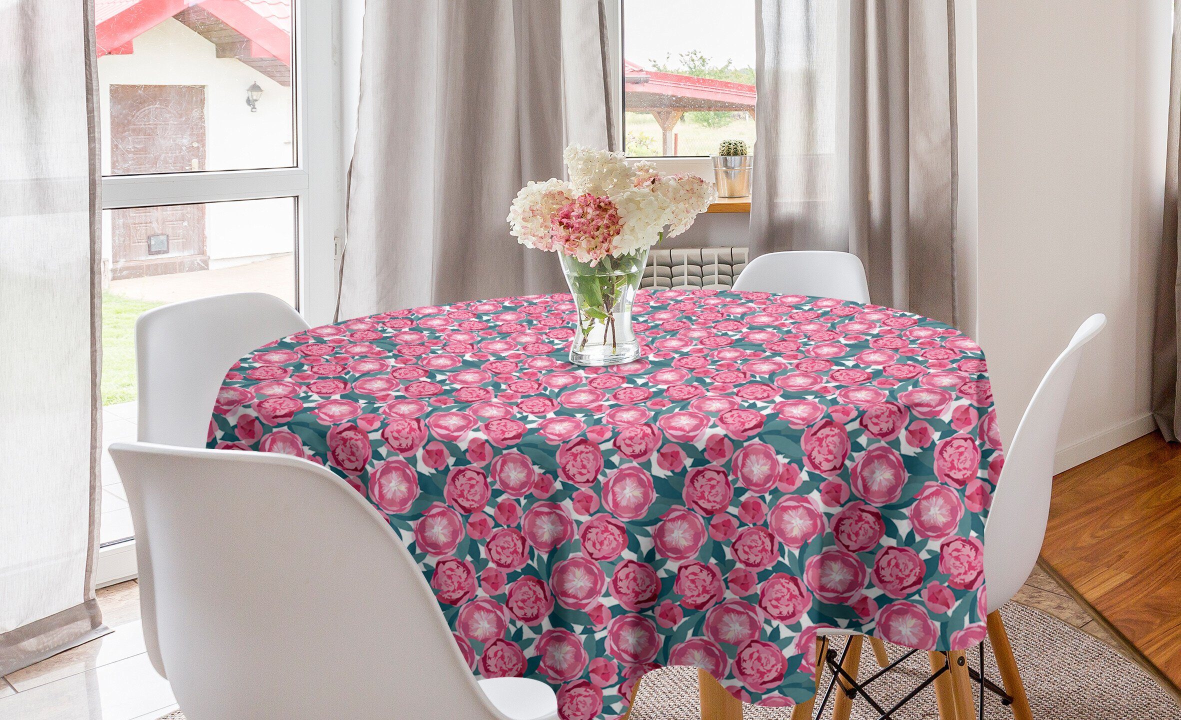 Abakuhaus Tischdecke Kreis Tischdecke Abdeckung für Esszimmer Küche Dekoration, Blumen Blumenranken und Blätter