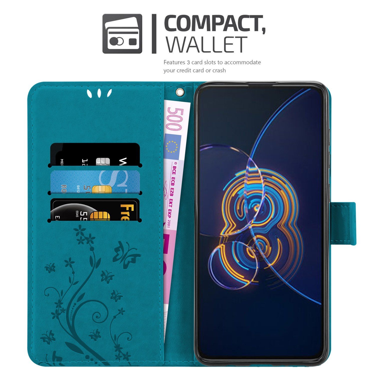 Cadorabo Handyhülle für Asus ZenFone 8 FLIP Hülle Asus ZenFone 8 FLIP, Hülle Schutzhülle Blumen Flower mit Standfunktion Kartenfach Magnet