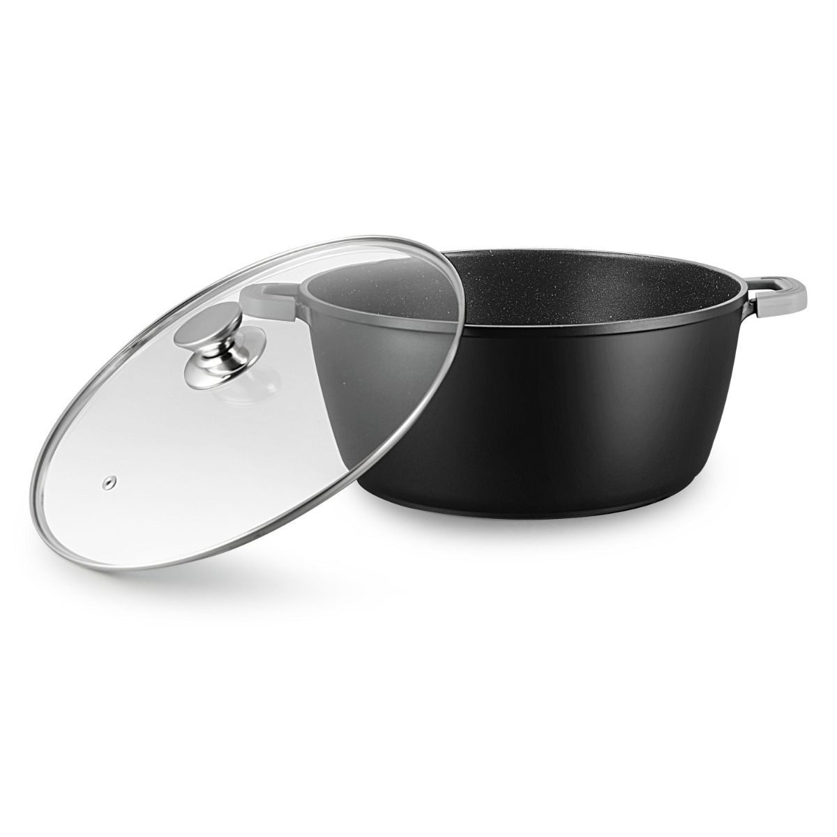 alesvelt Kochtopf Omega Aluminium 2-tlg. mit Deckel schwarz 2,2L - 25L hitzebeständig, Aluminium, Induktion, mit Glasdeckel und Dampfauslass