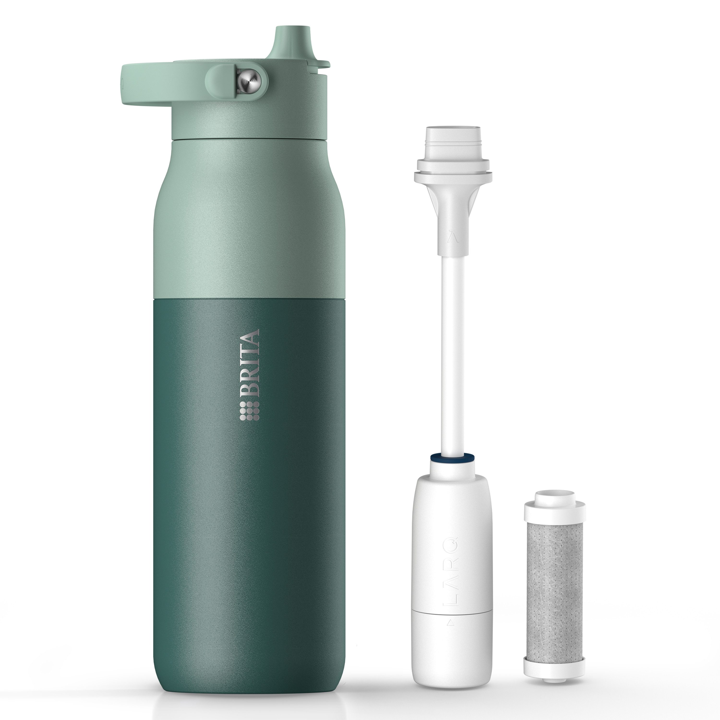 BRITA Trinkflasche BRITA LARQ Essential Filter Trinkflasche (1L) mit Strohhalm, Edelstahl Wasserflasche mit doppelwandiger Isolierung - hält 24h kalt