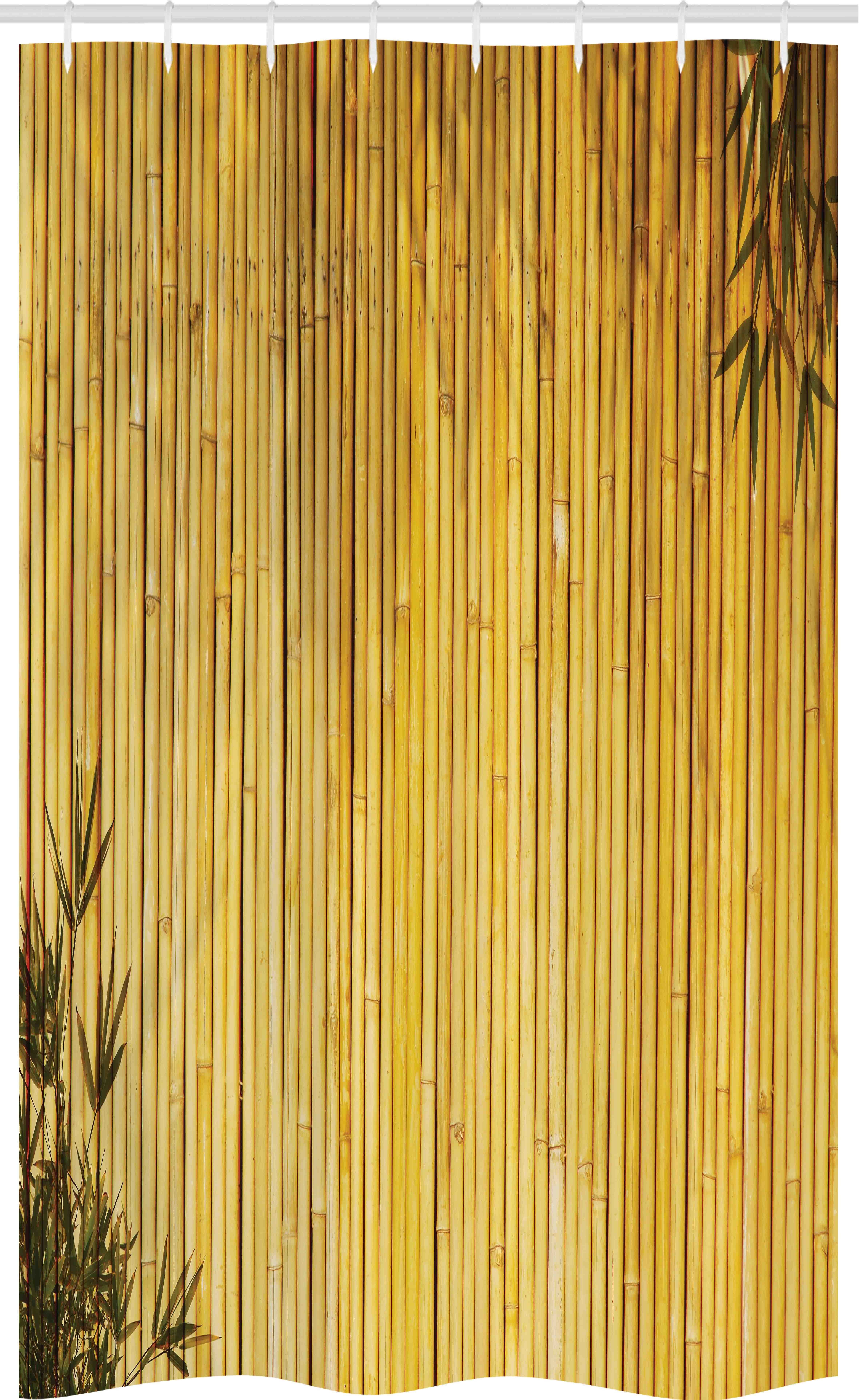 Abakuhaus Duschvorhang Badezimmer Deko Set aus Stoff mit Haken Breite 120 cm, Höhe 180 cm, Gelb Natur Holz Blätter Vorbauten