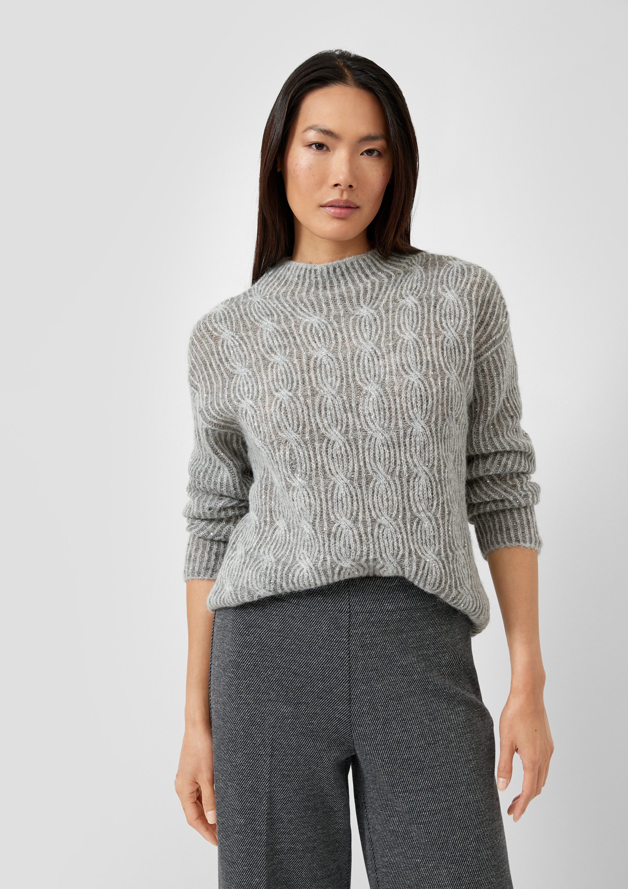 s.Oliver Longpullover Strickpullover Strickpullover aus Alpaka-Wollmix mit Pailletten & Zopfmuster