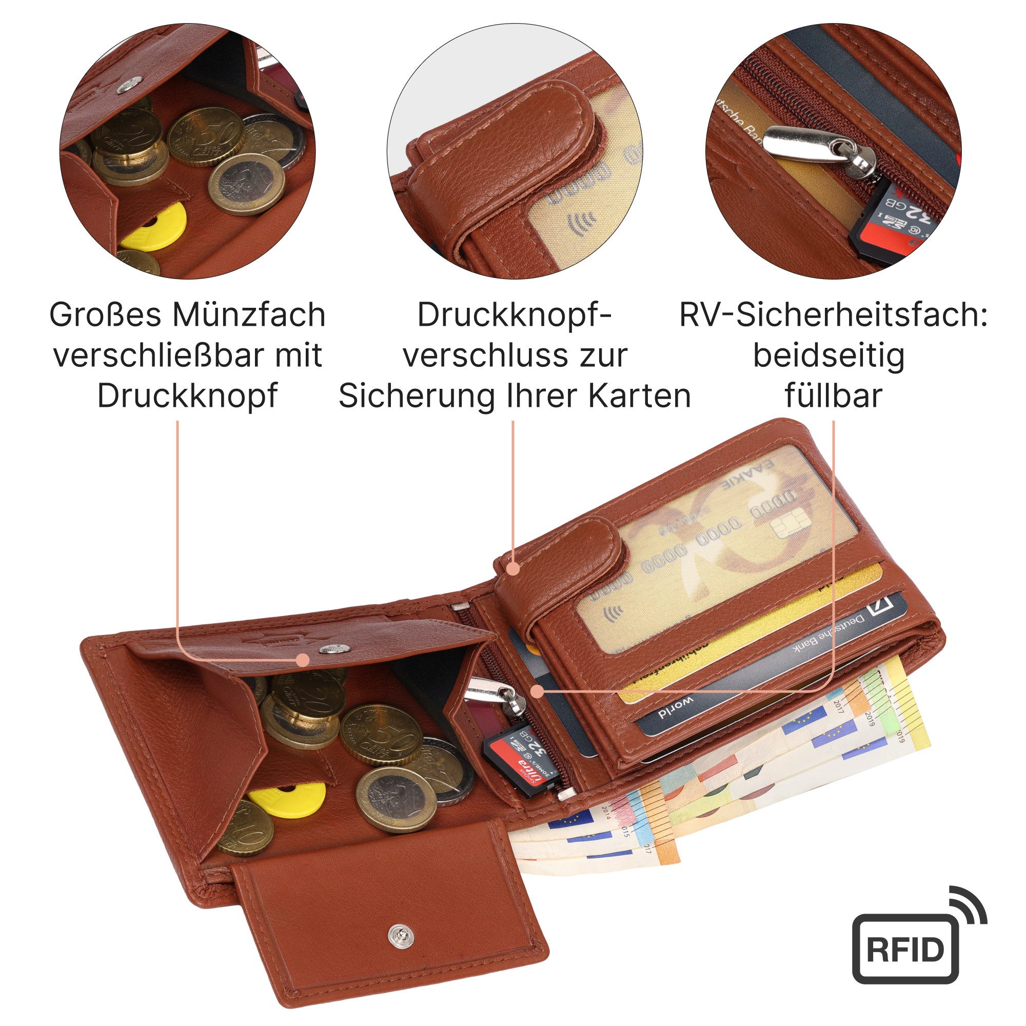 EAAKIE Geldbörse RFID echt Leder Portemonnaie Geldbörse Herren Rindleder, RFID Schutz