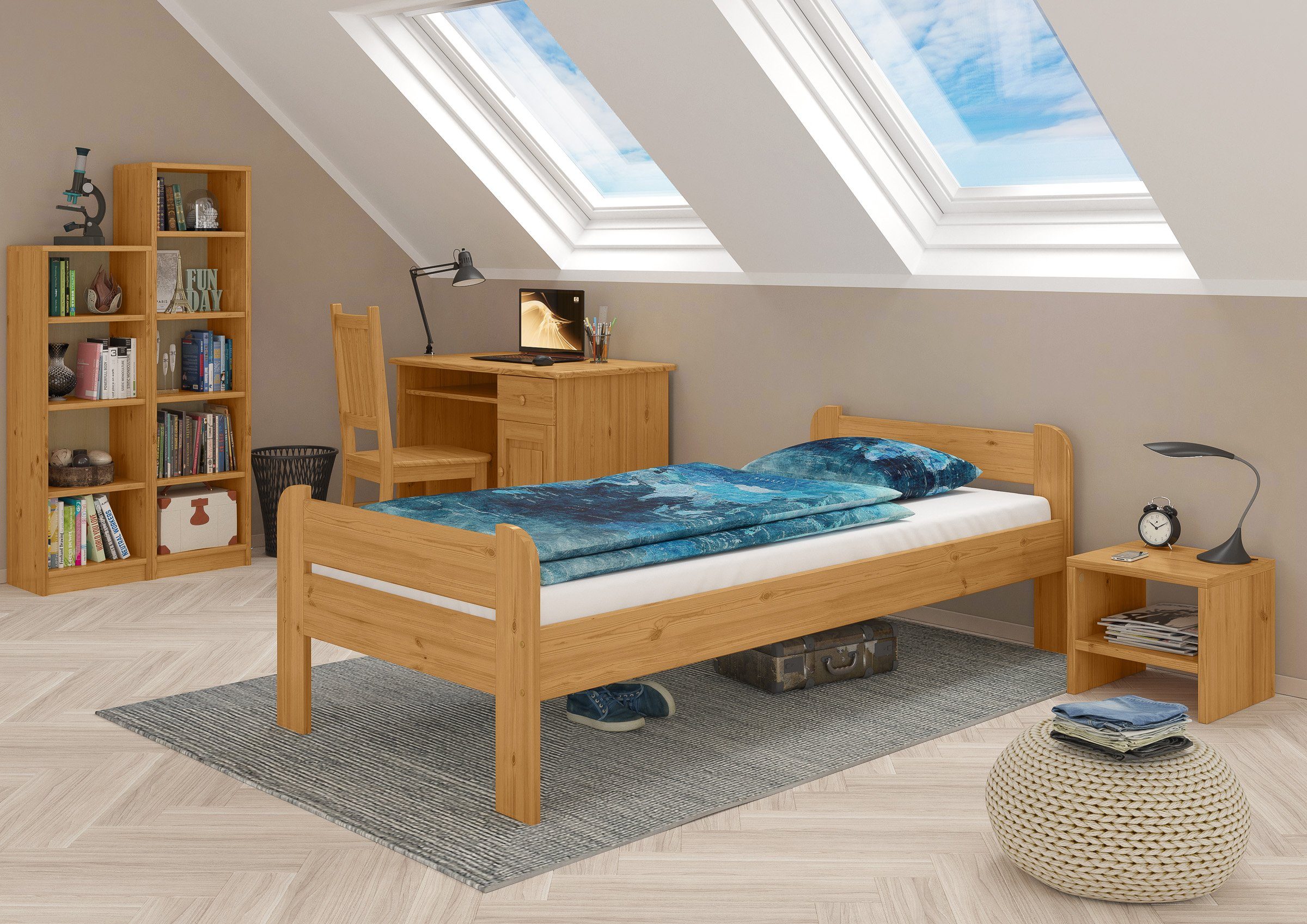 ERST-HOLZ Einzelbett Einzelbett Echtholzbett Kiefer Massiv 90 x 200 cm, Eic günstig online kaufen